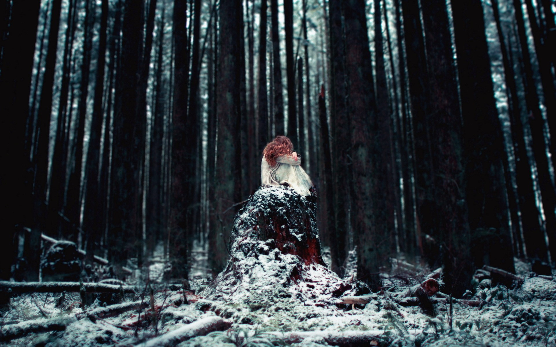 Girl sitting on a snow-covered tree stump in a dark forest HD Wallpaper