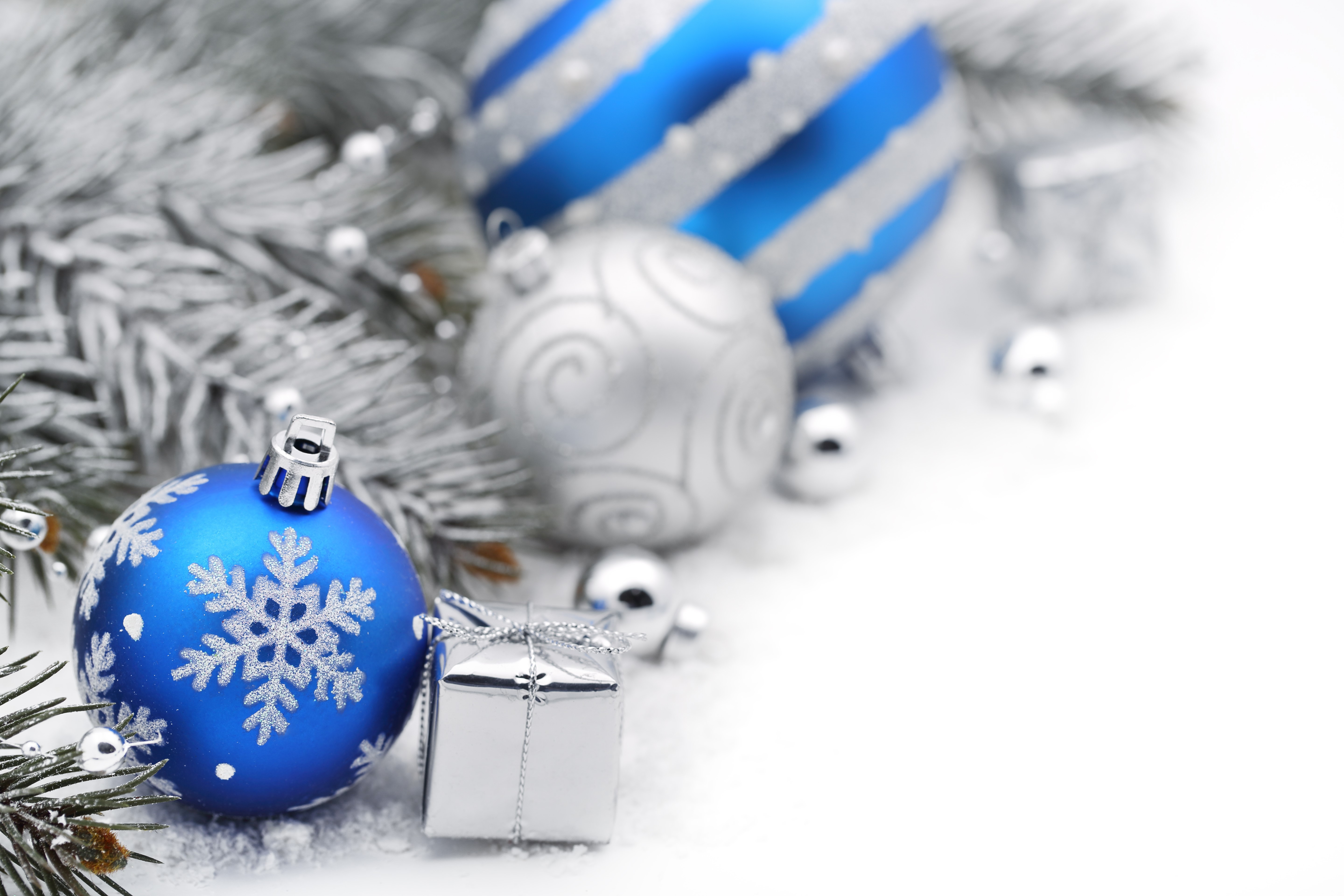 Christmas ornaments with snowflakes and pine branches HD Wallpaper