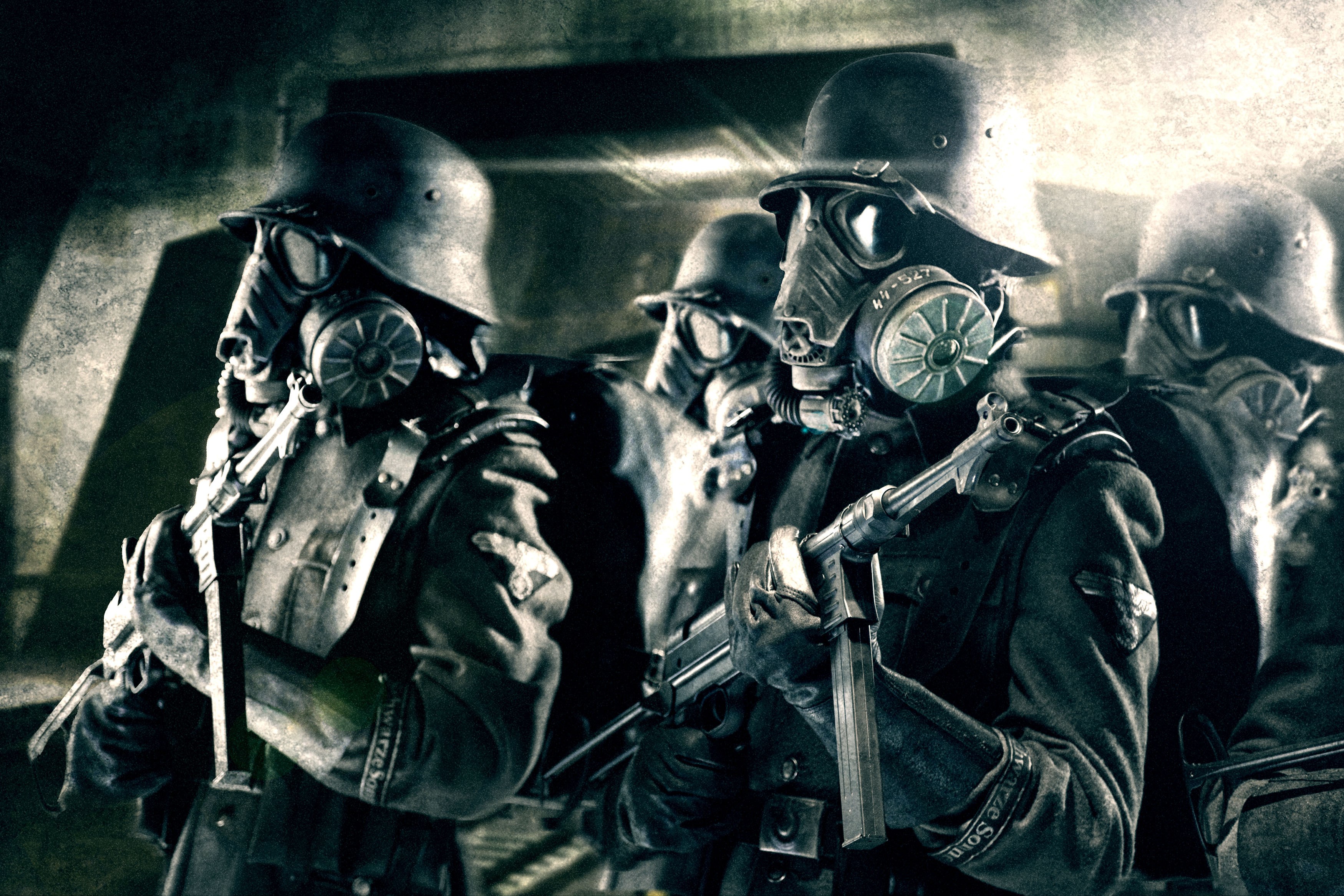 Soldiers in gas masks and helmets from Iron Sky HD Wallpaper