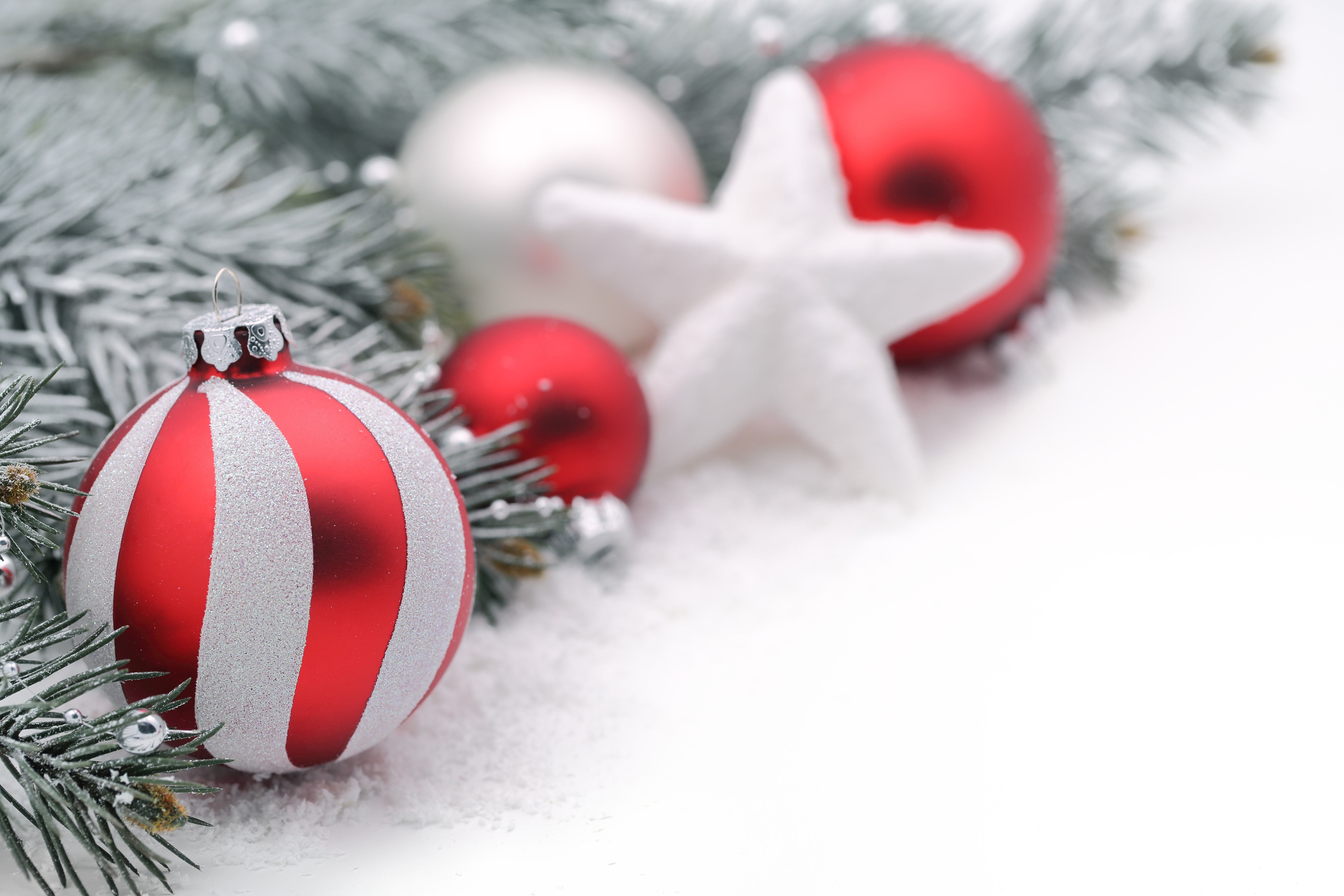 Christmas Ornaments and Pine Branches HD Wallpaper