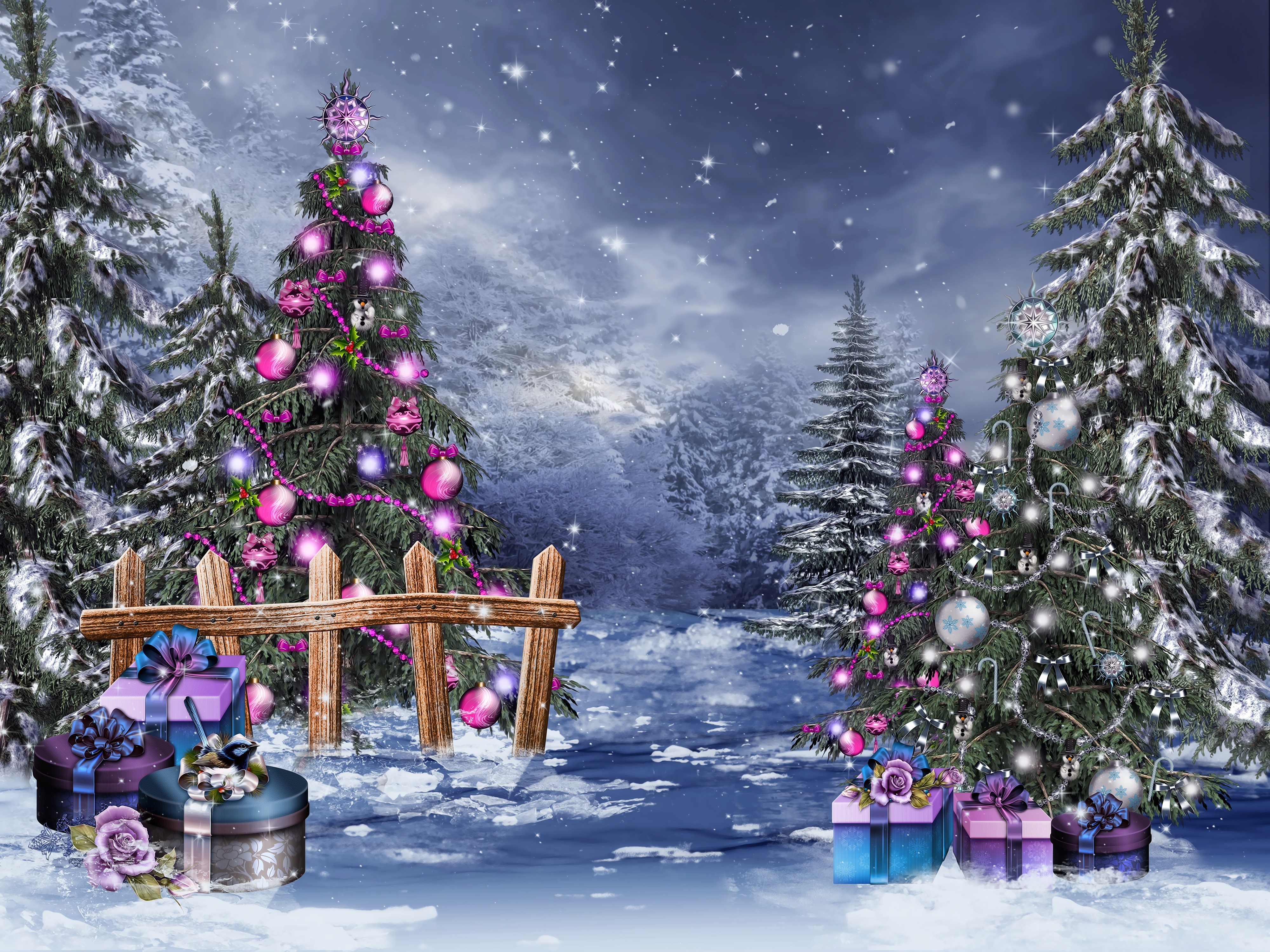 Christmas trees with gifts in snowy forest HD Wallpaper