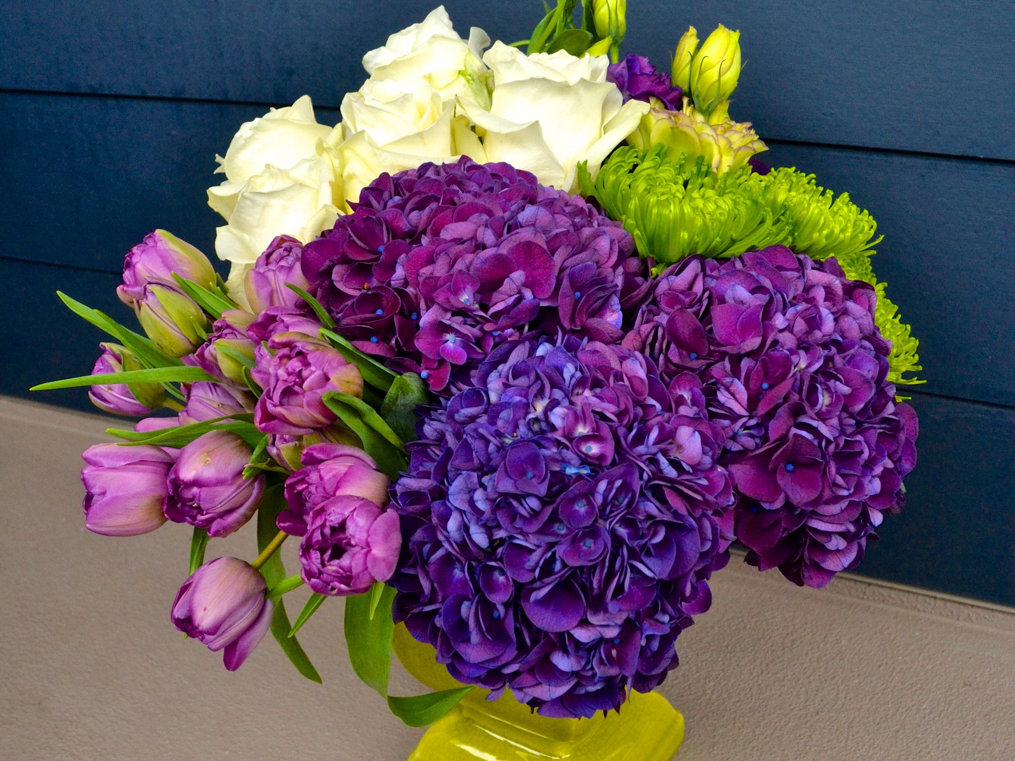 Purple Hydrangeas, White Roses, and Tulips Bouquet HD Wallpaper
