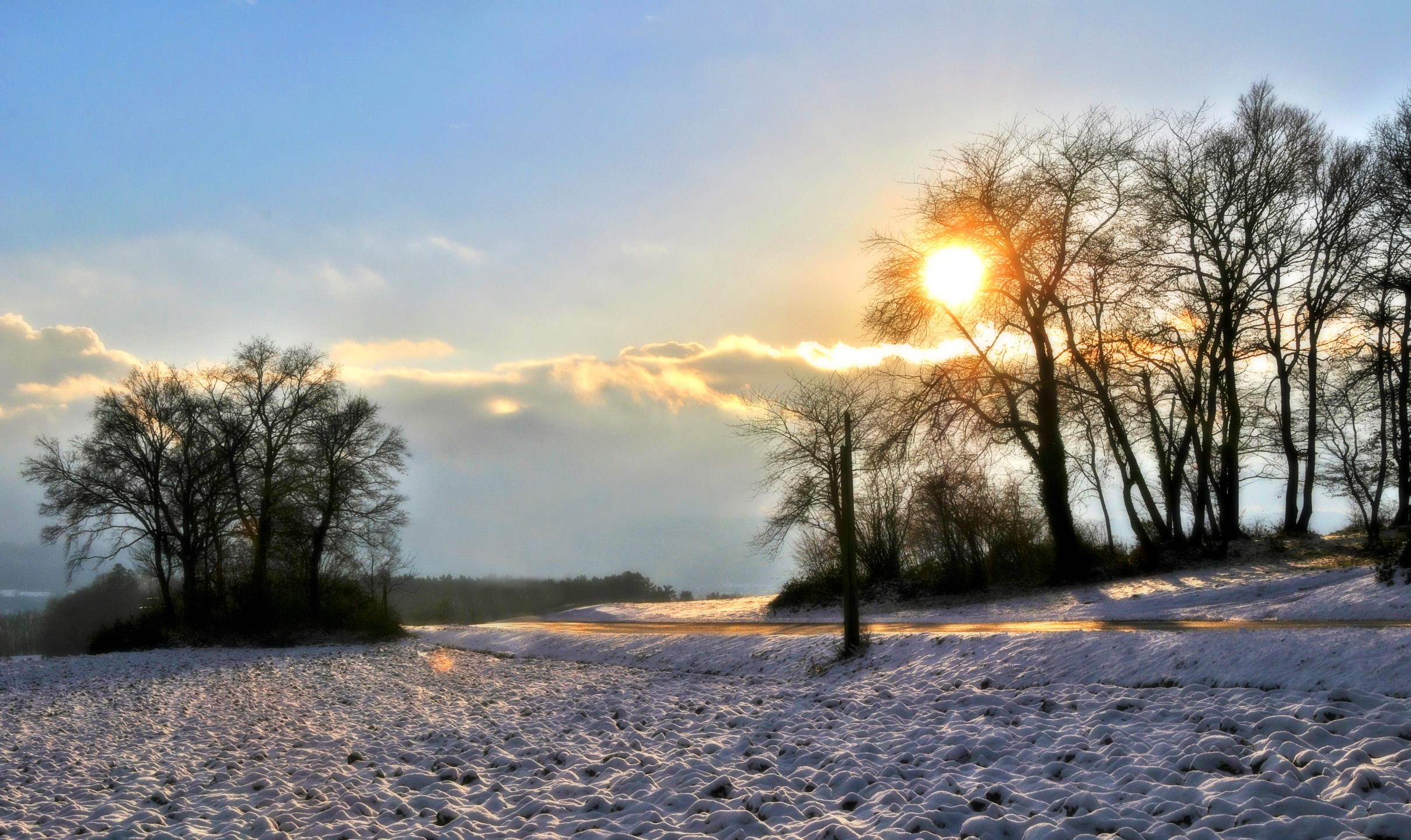 Winter snow landscape with trees and sun HD Wallpaper