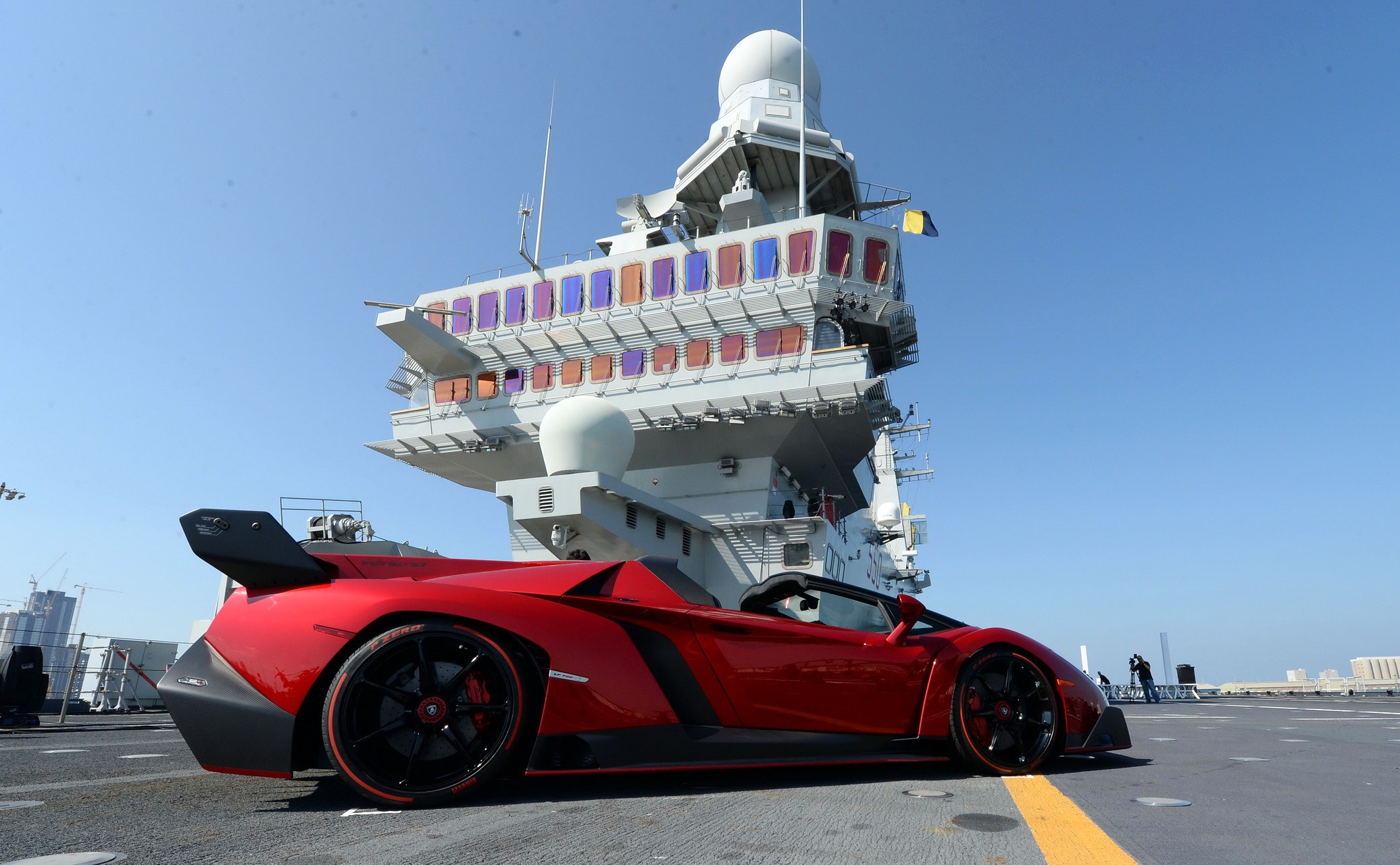 Lamborghini Veneno Roadster on Italian Aircraft Carrier Cavour HD Wallpaper