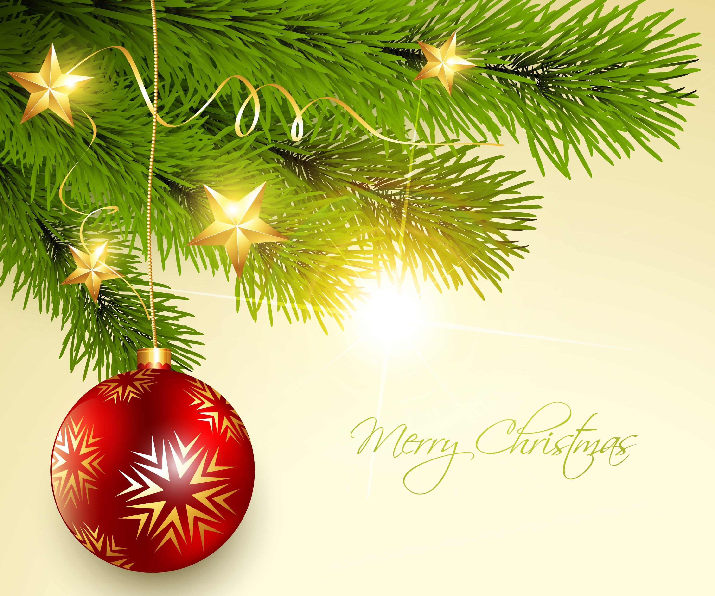 Christmas tree branch with ornaments and stars HD Wallpaper