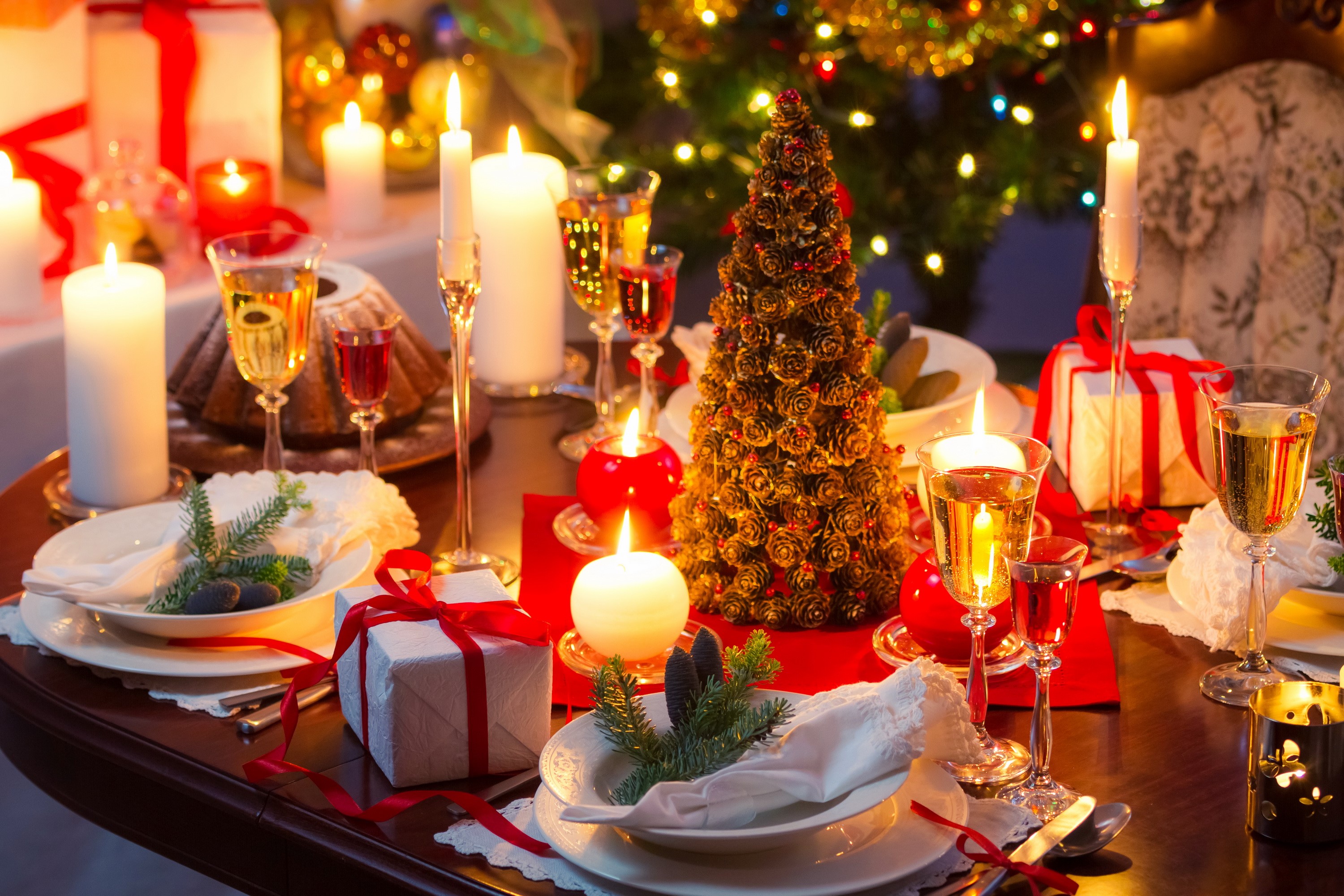 Christmas Dinner Table Setting with Candles and Gifts HD Wallpaper