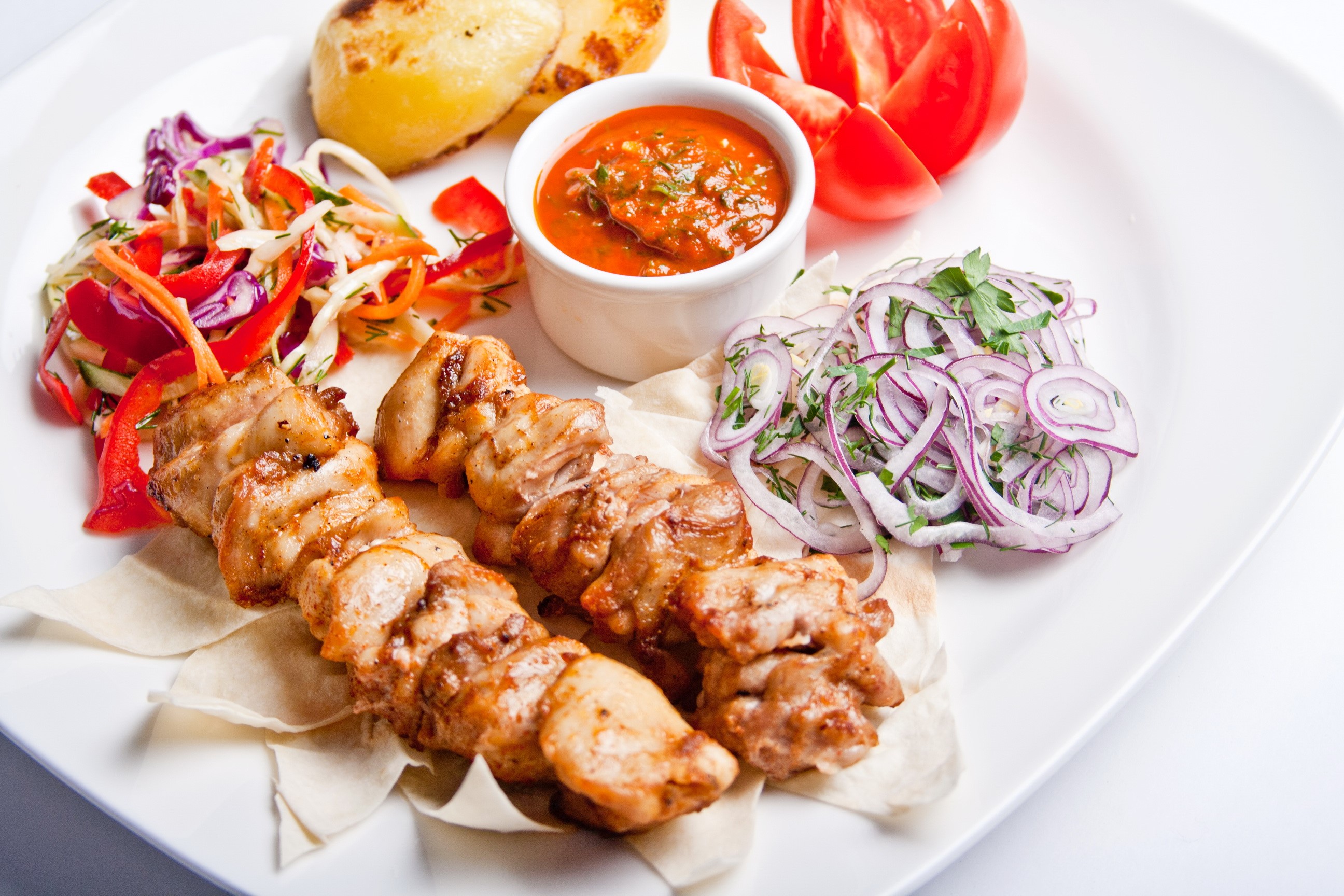 Chicken Shashlik with Potatoes and Salad HD Wallpaper