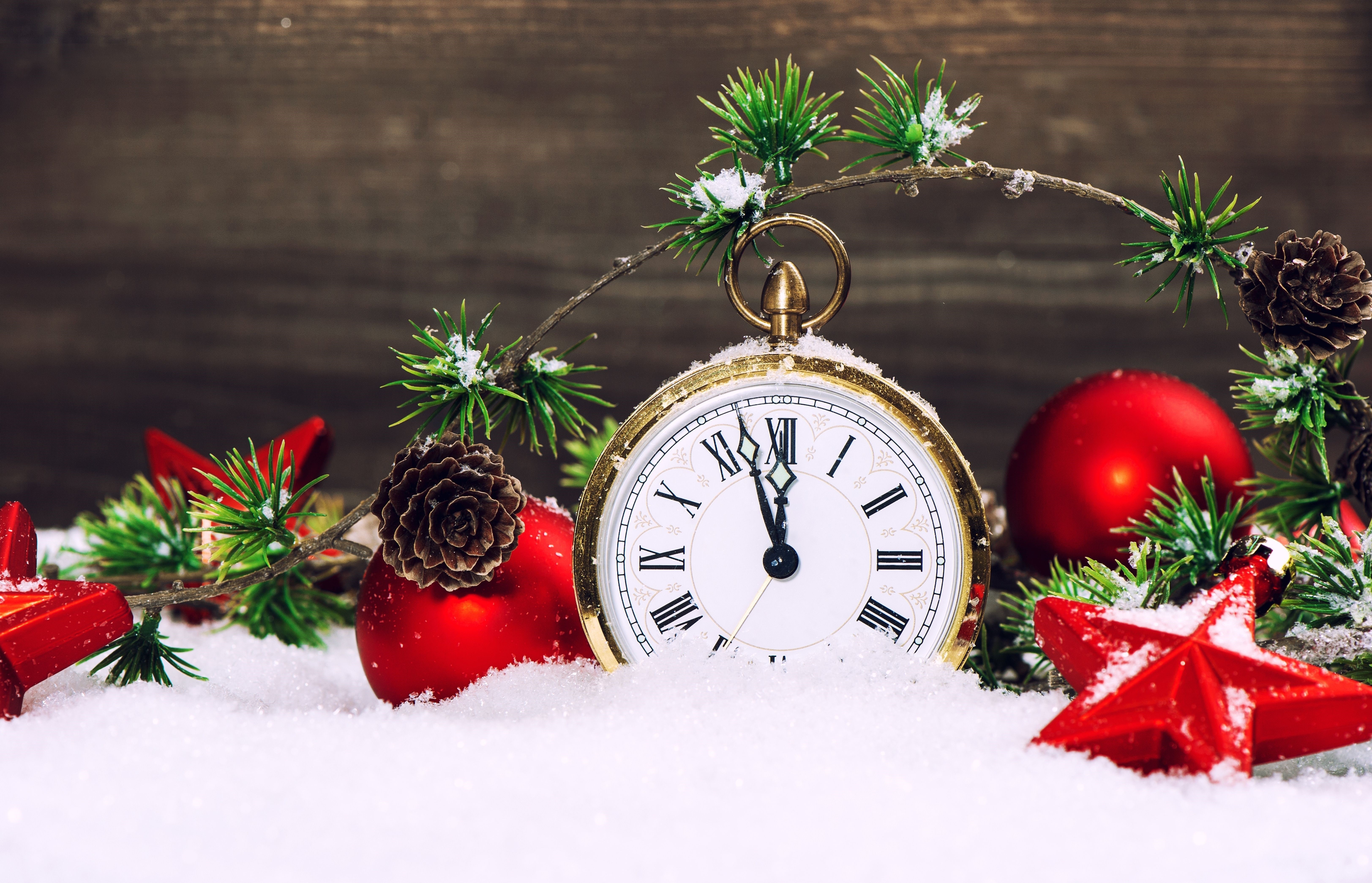 Christmas pocket watch with ornaments and snow HD Wallpaper