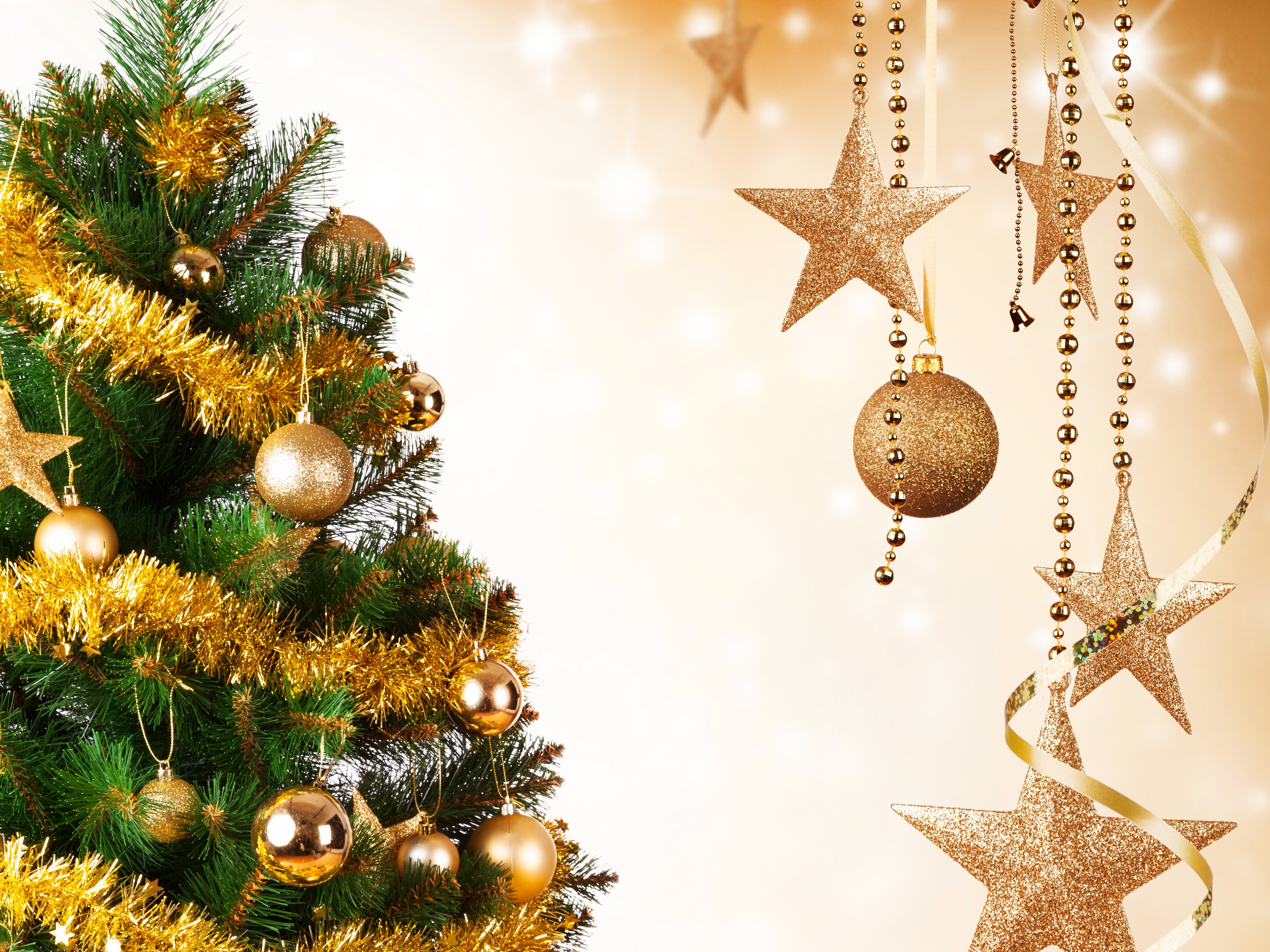 Christmas tree with golden ornaments and stars HD Wallpaper