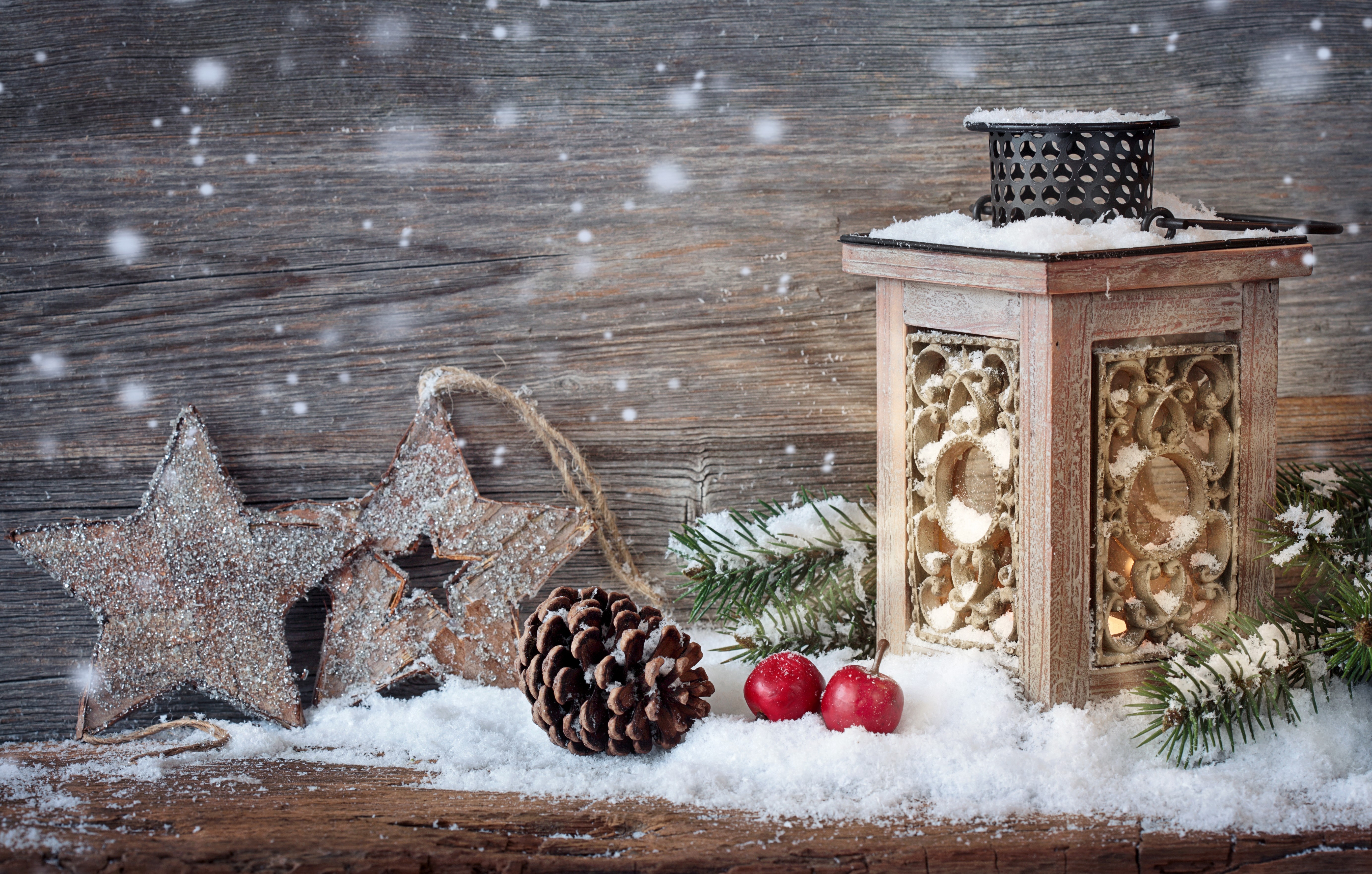 Christmas lantern with pine cone and stars HD Wallpaper