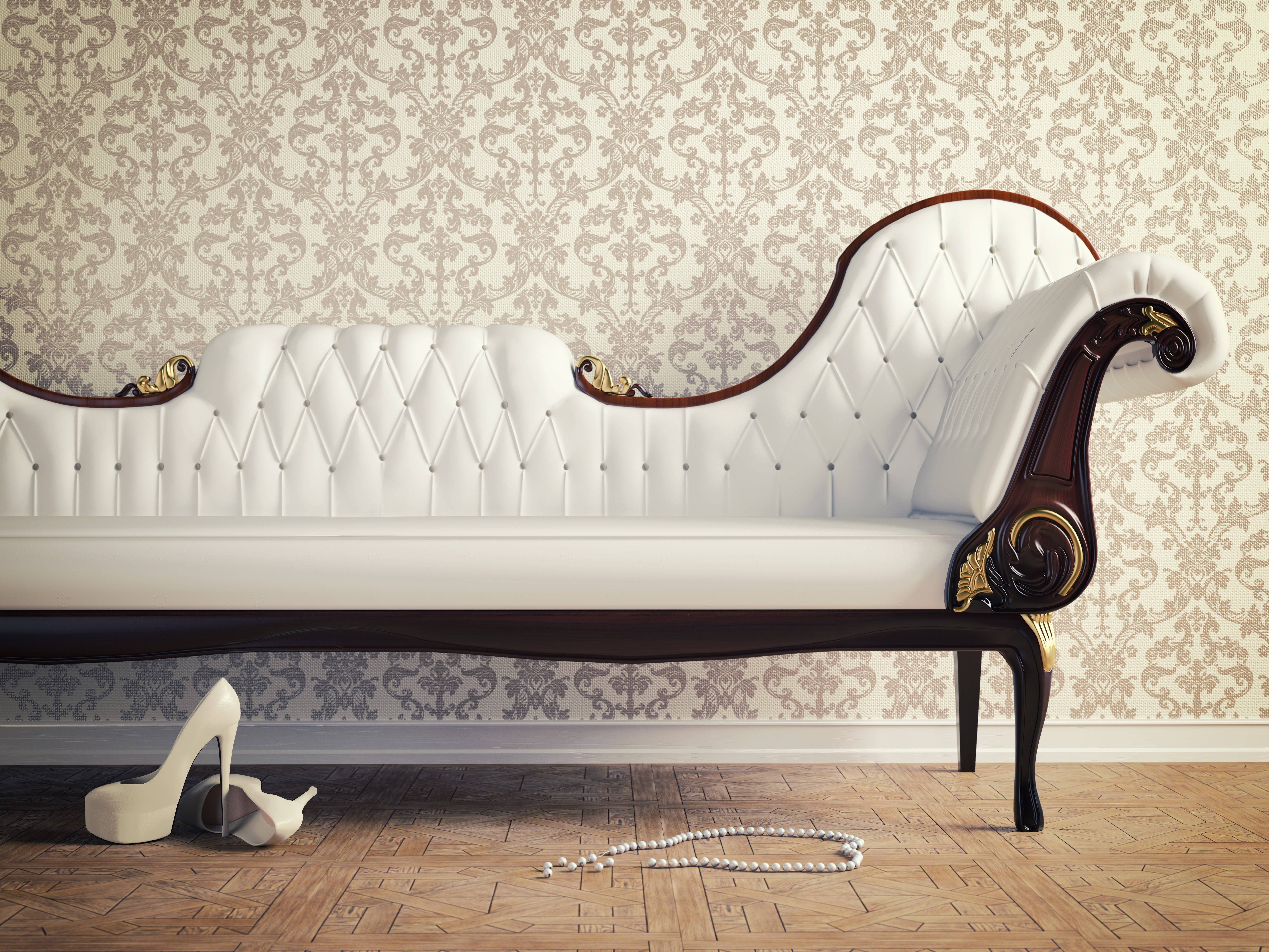 White tufted chaise lounge with high heels and pearls HD Wallpaper