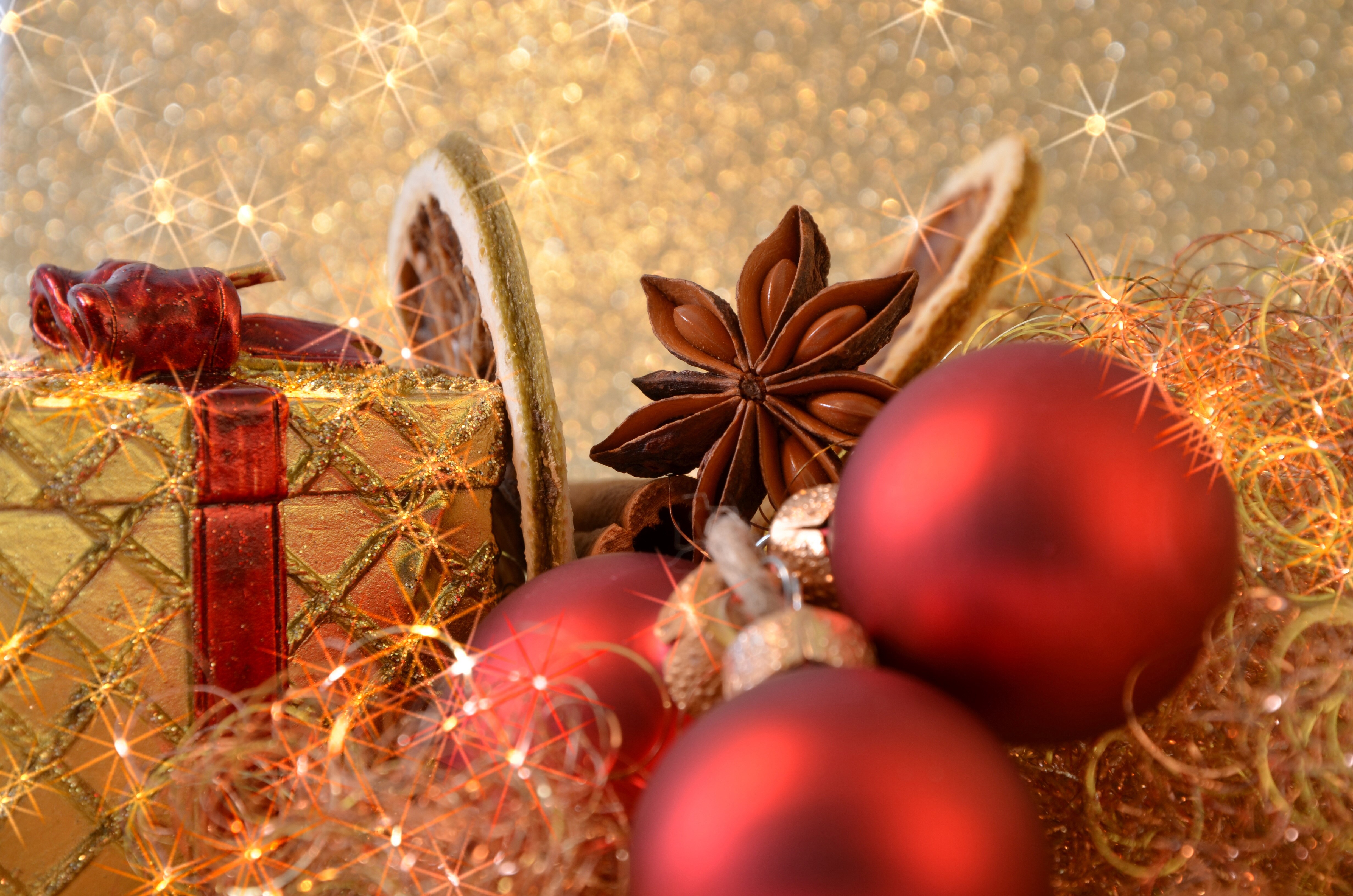 4K Christmas Decorations with Gift and Ornaments HD Wallpaper