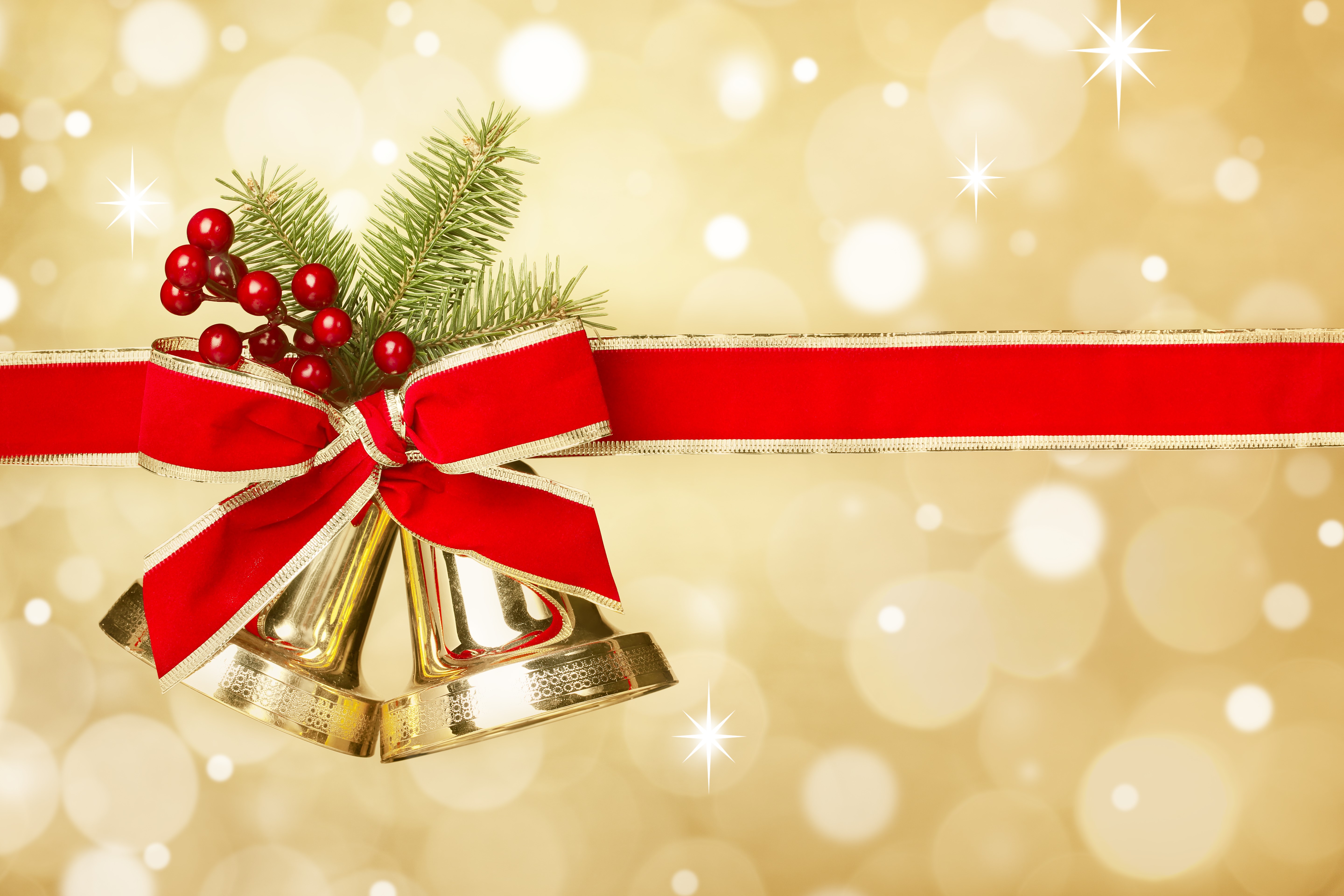 Christmas Bells with Red Ribbon and Pine HD Wallpaper