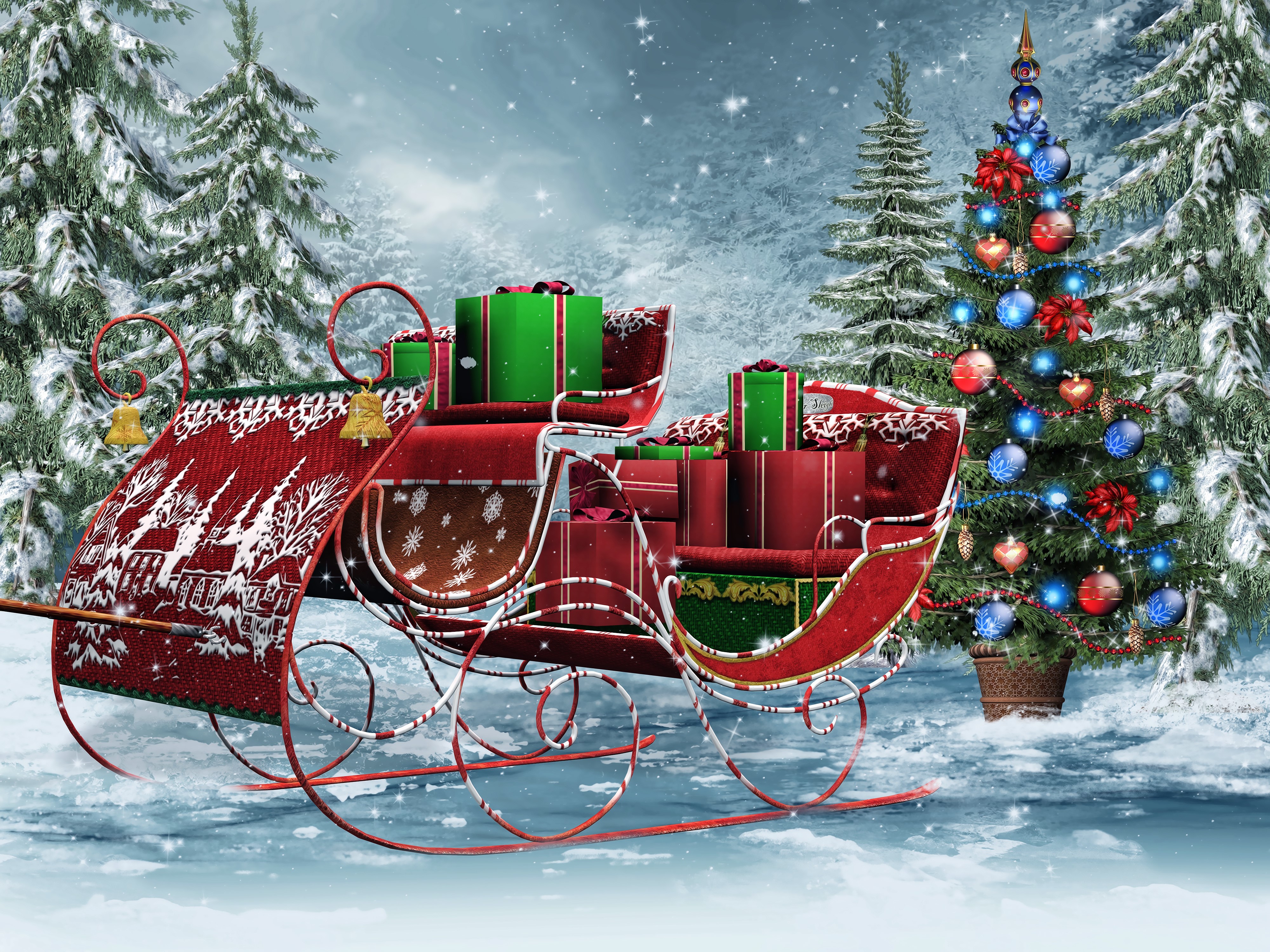 Christmas Sleigh with Gifts and Tree in Snow HD Wallpaper