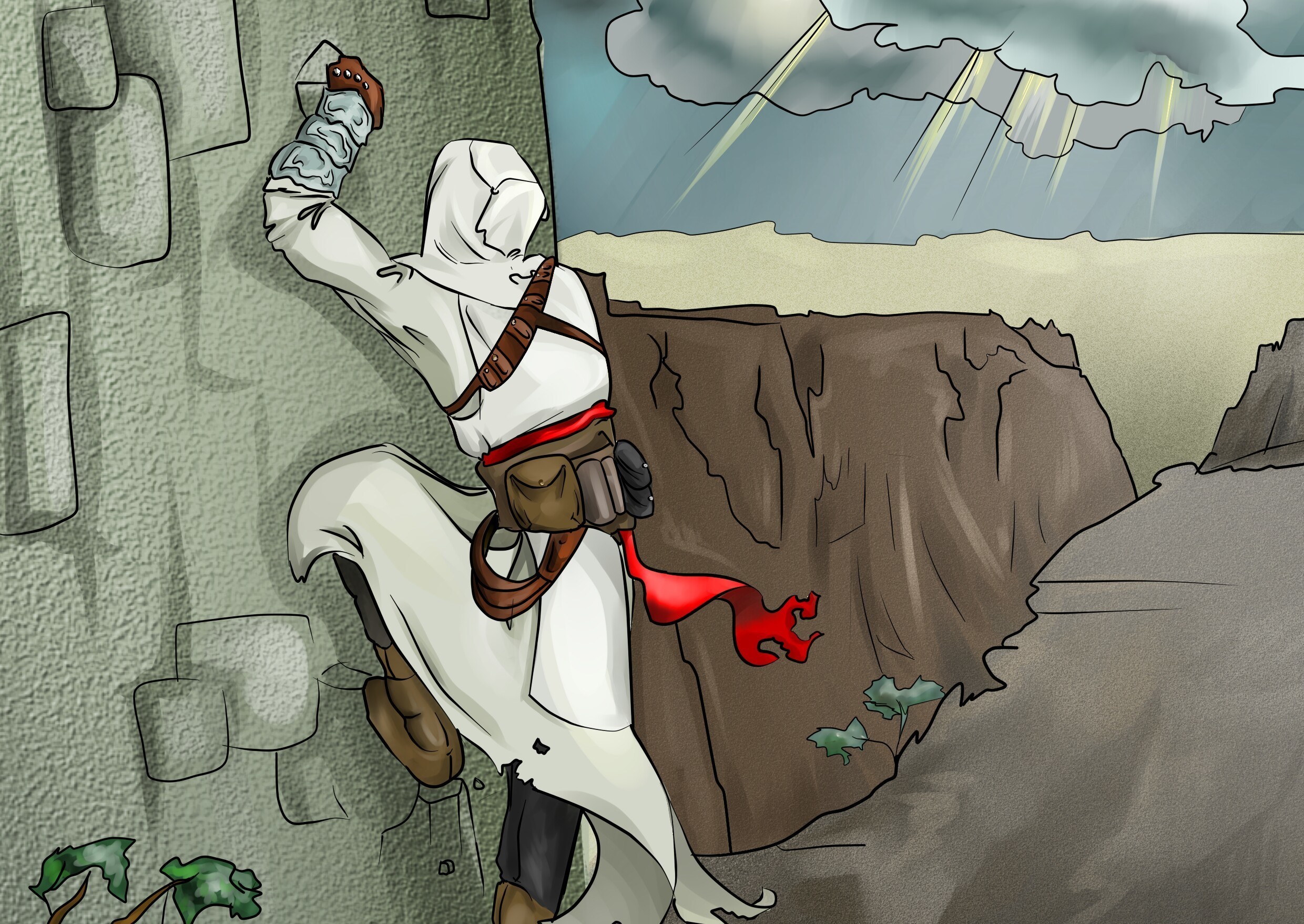 Assassin climbing a wall with a canyon in the background HD Wallpaper