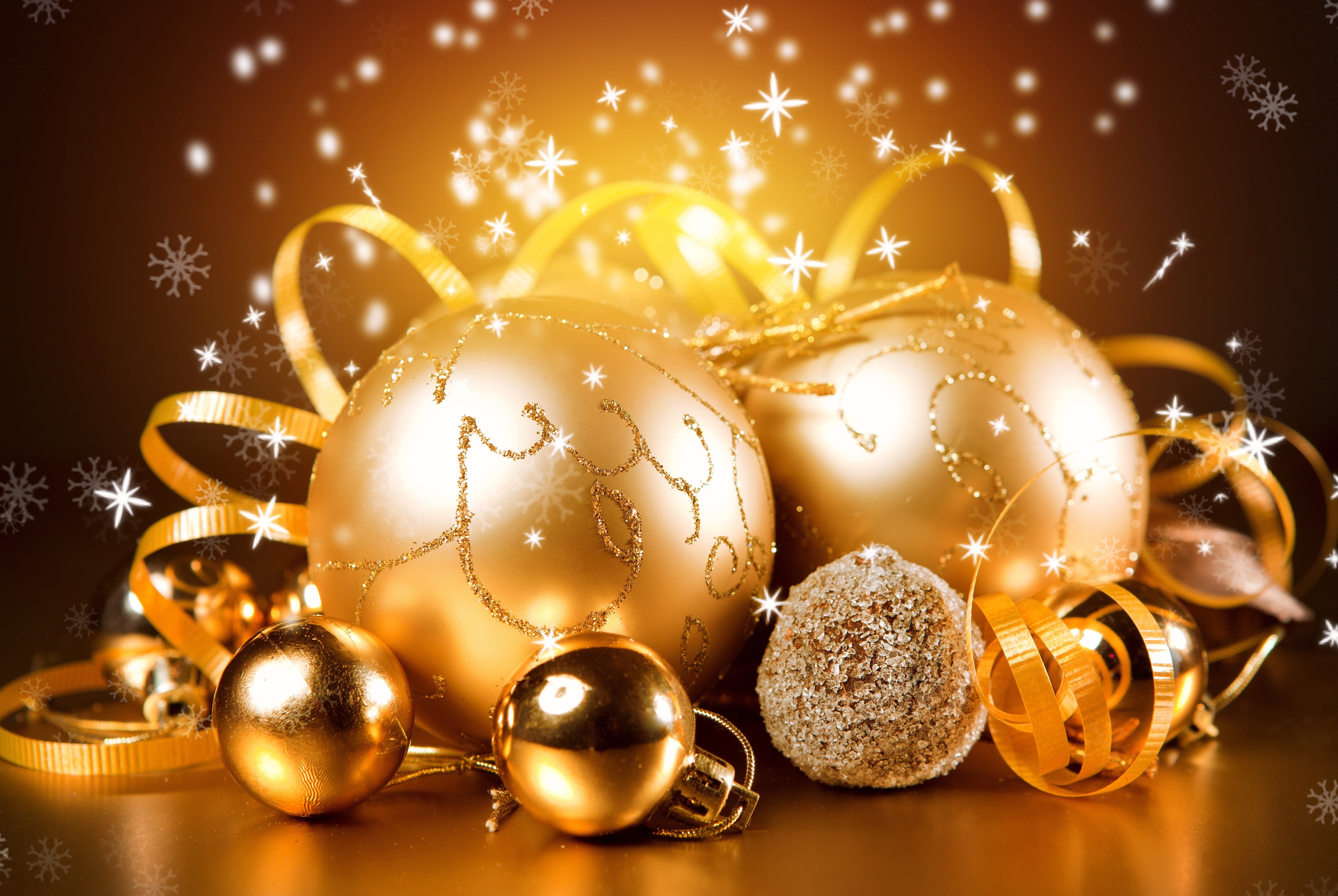 Golden Christmas Ornaments with Ribbons and Snowflakes HD Wallpaper