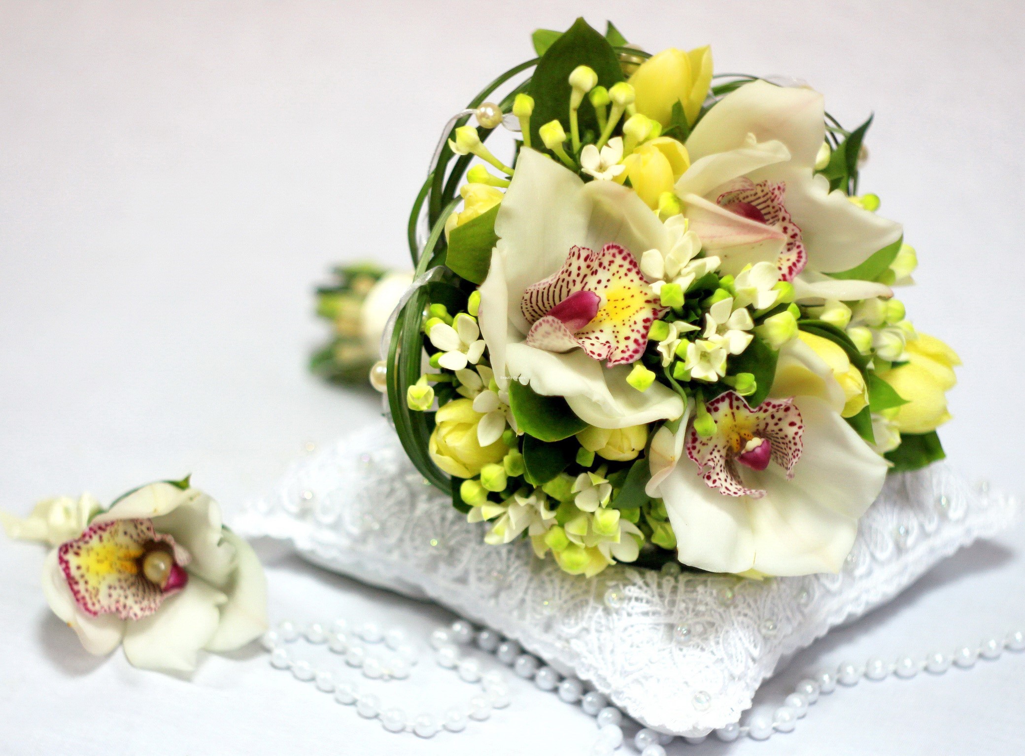 White orchids and yellow tulips wedding bouquet with boutonniere HD Wallpaper