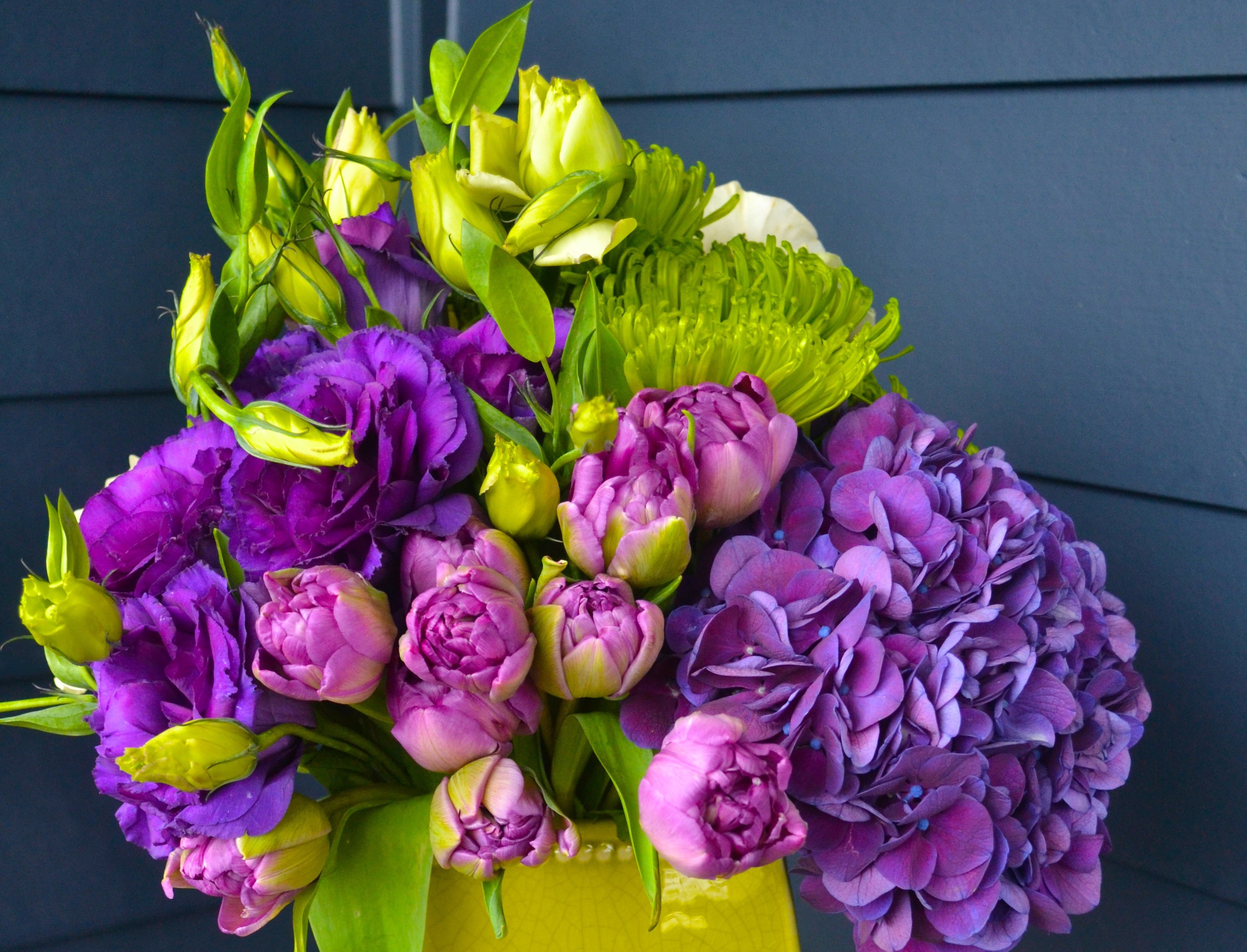 Purple and green floral arrangement with tulips and hydrangeas HD Wallpaper