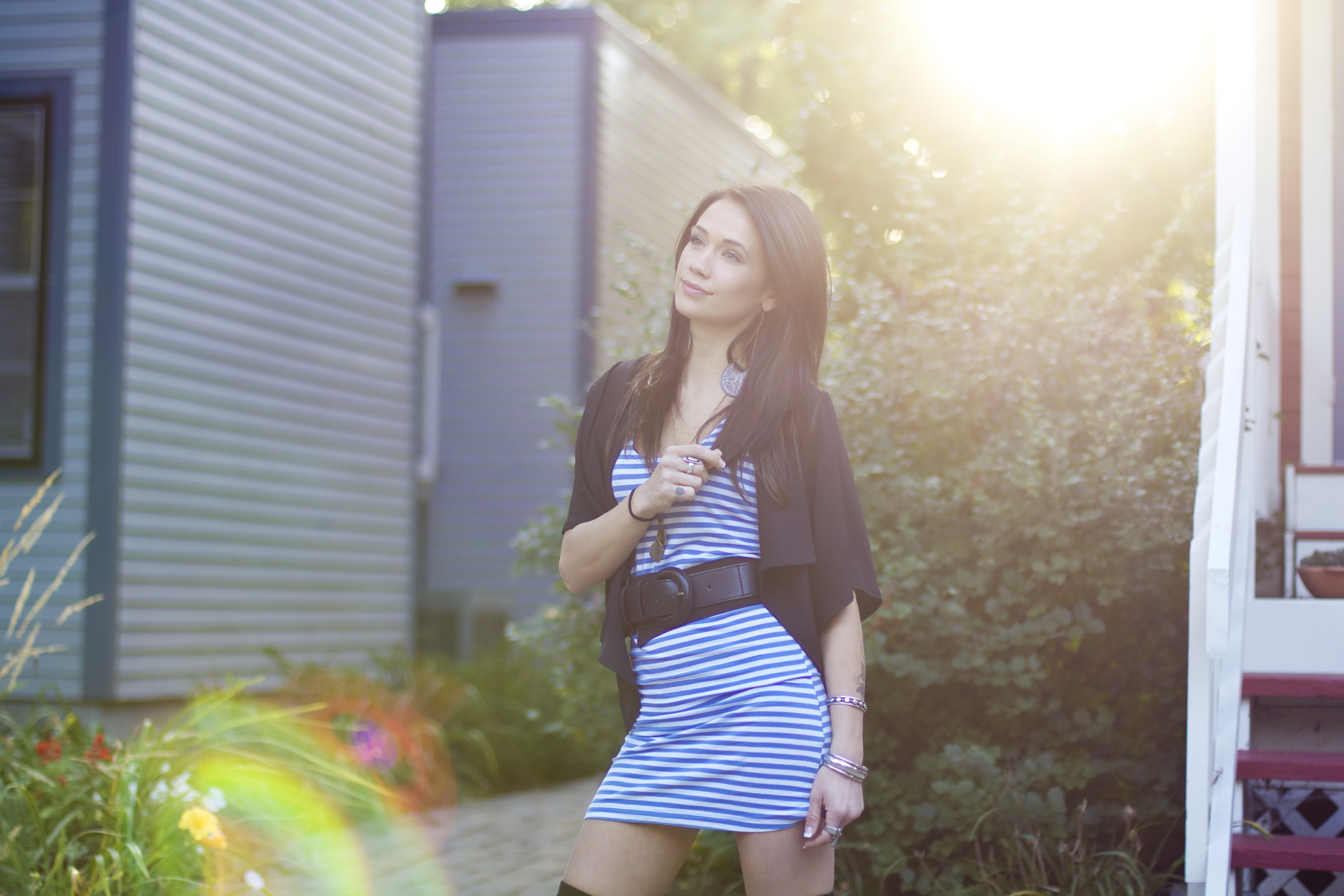 Brunette girl in striped dress HD Wallpaper