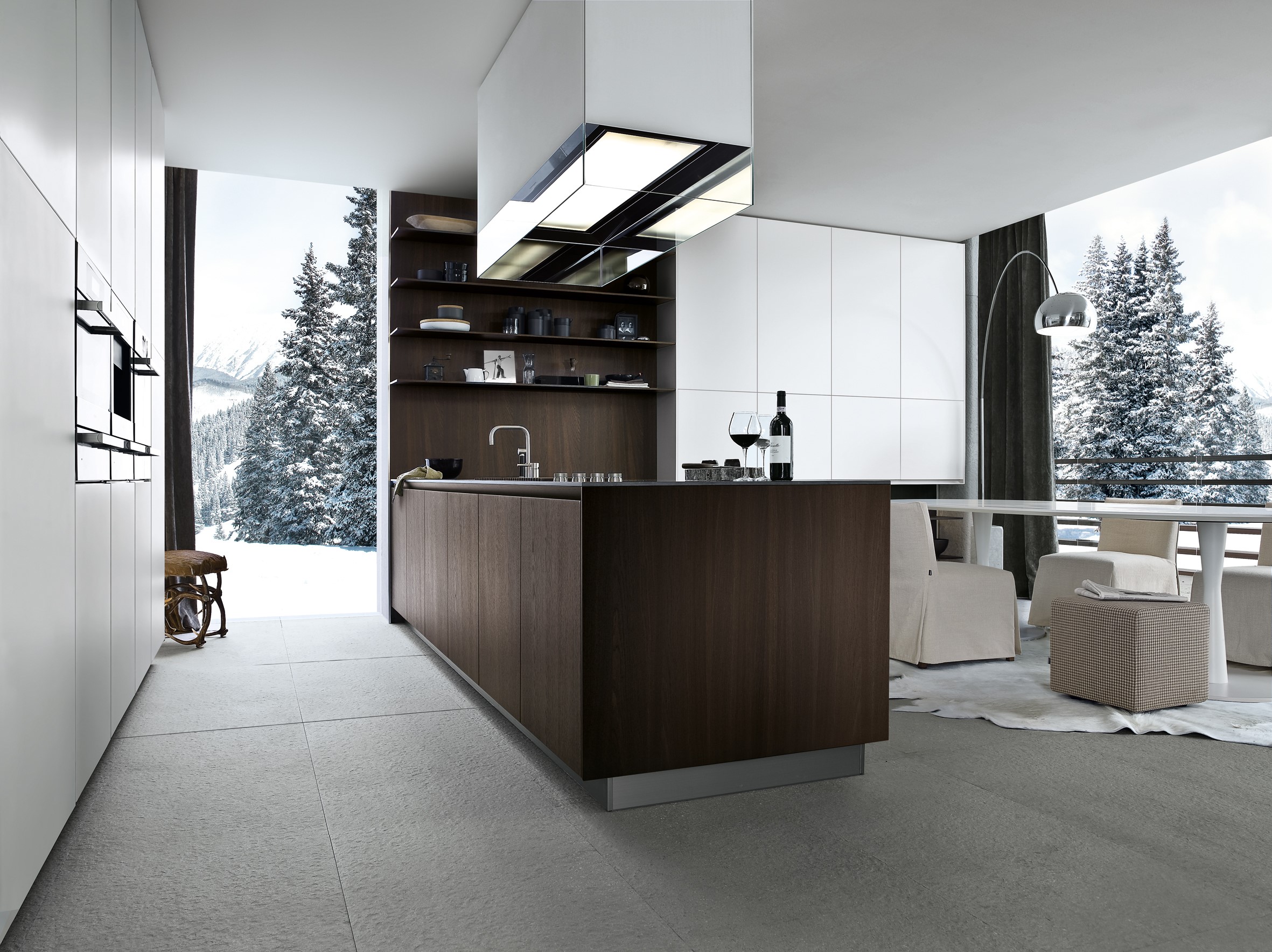 Modern kitchen with a winter mountain view HD Wallpaper