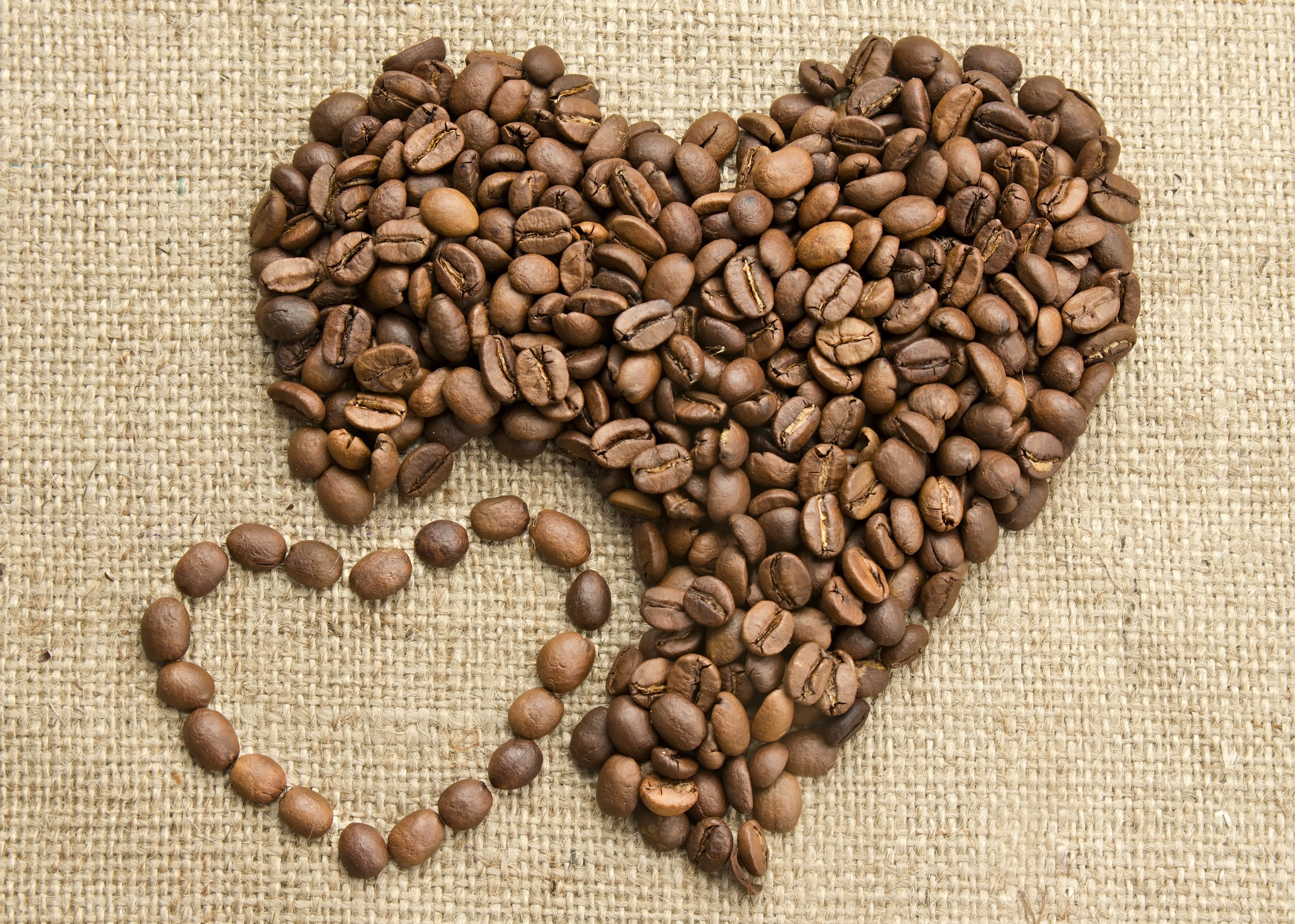 Coffee beans in heart shape on burlap HD Wallpaper
