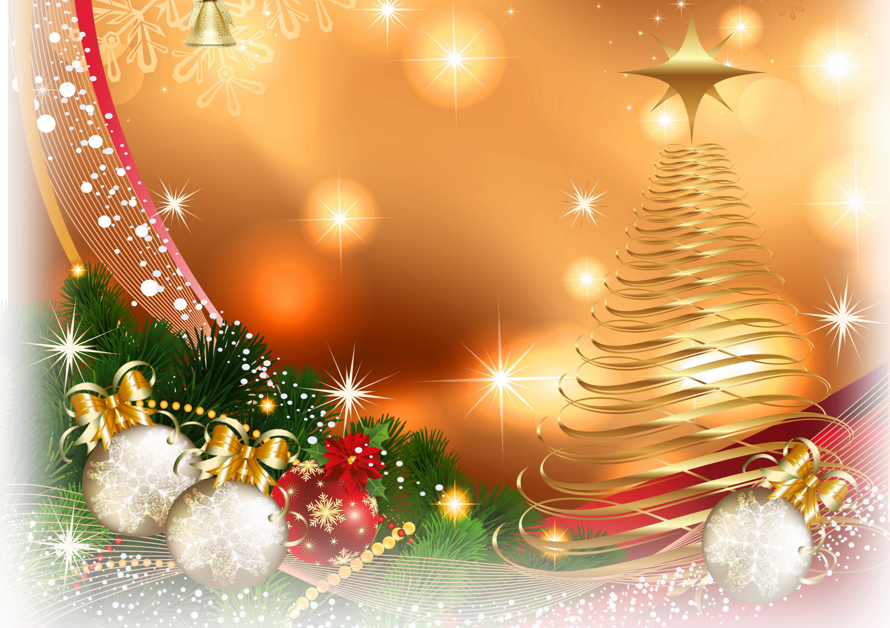 Christmas Ornaments and Golden Tree HD Wallpaper