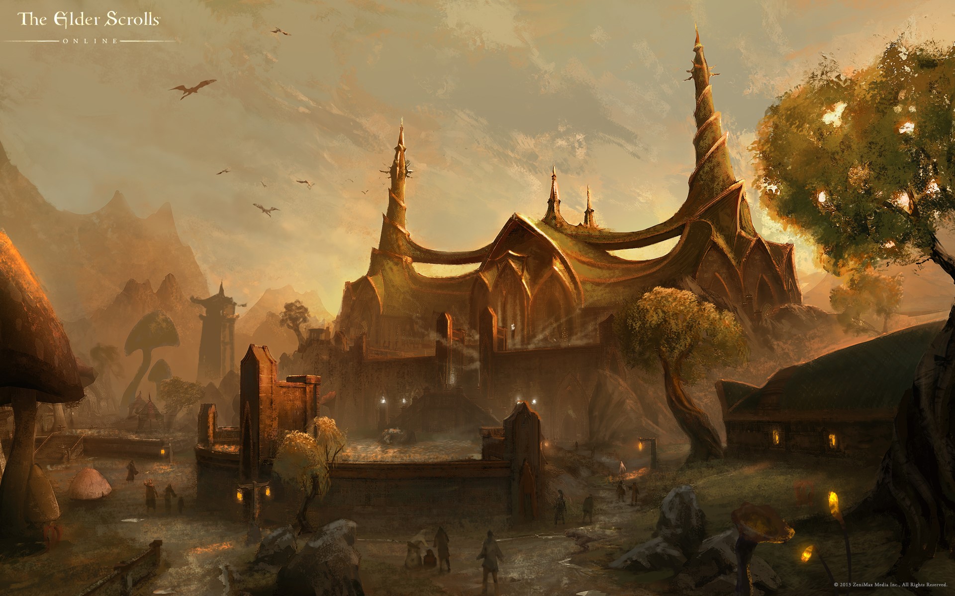 The Elder Scrolls Online fantasy landscape with elven architecture HD Wallpaper