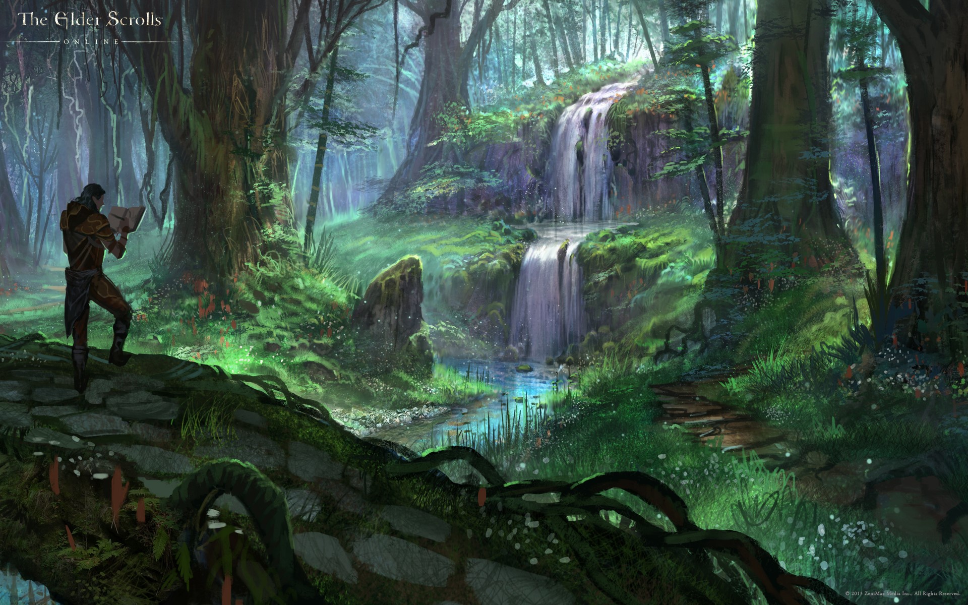 The Elder Scrolls Online forest landscape with waterfalls HD Wallpaper