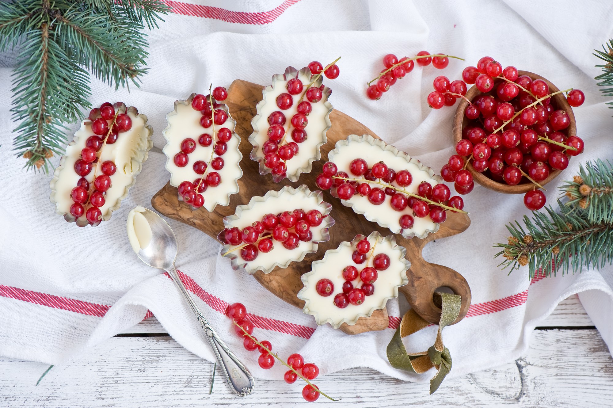 Small tarts with cream and red currants on a wooden board HD Wallpaper