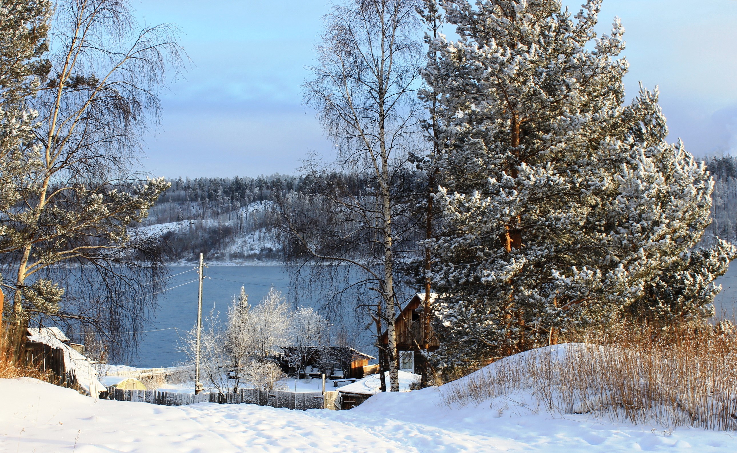 Winter landscape with a frozen river and snow-covered trees in Russia HD Wallpaper