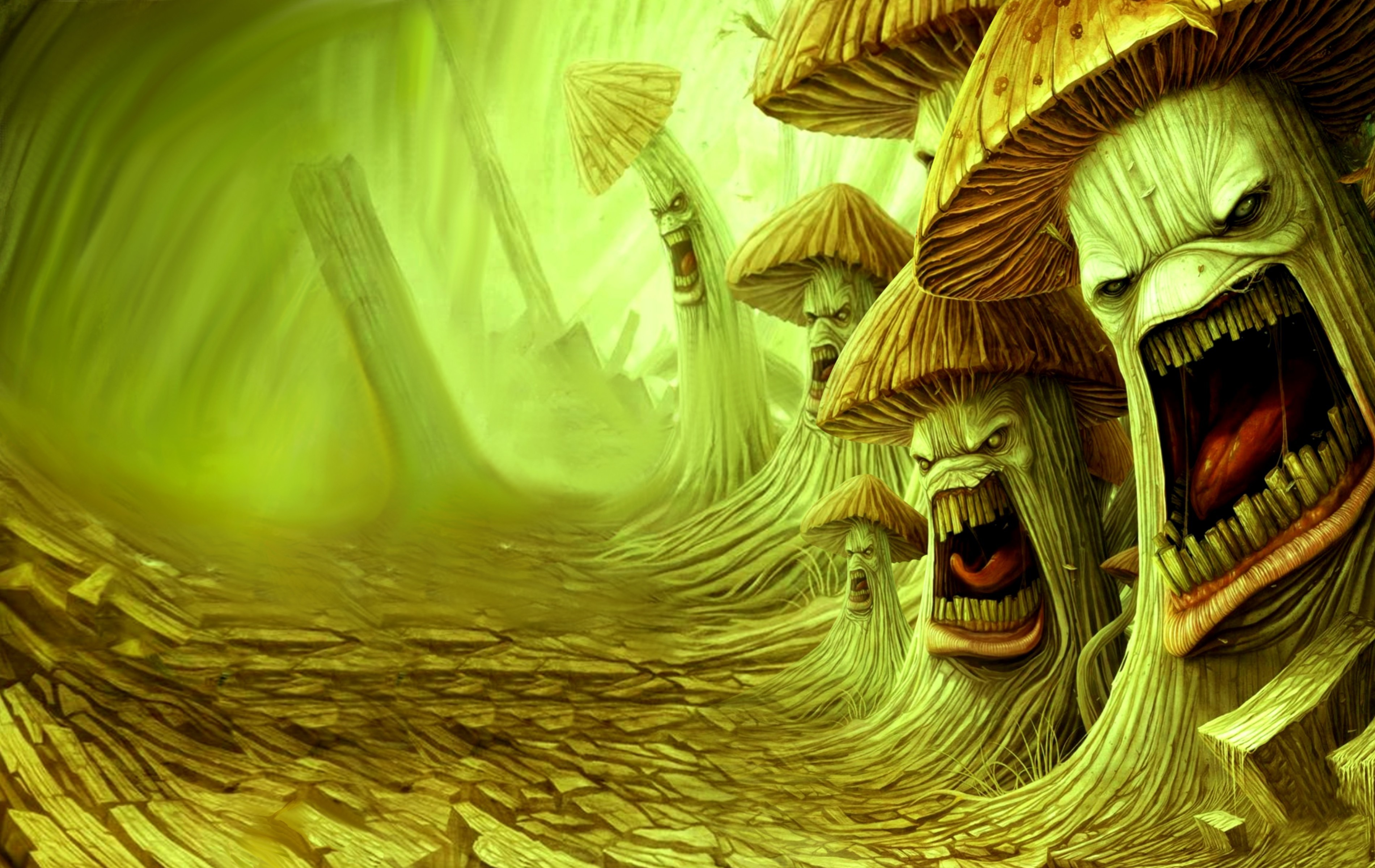Monstrous mushrooms roaring in a green forest HD Wallpaper