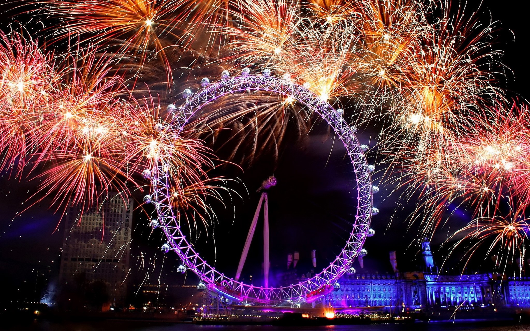 London Eye and fireworks display at night HD Wallpaper