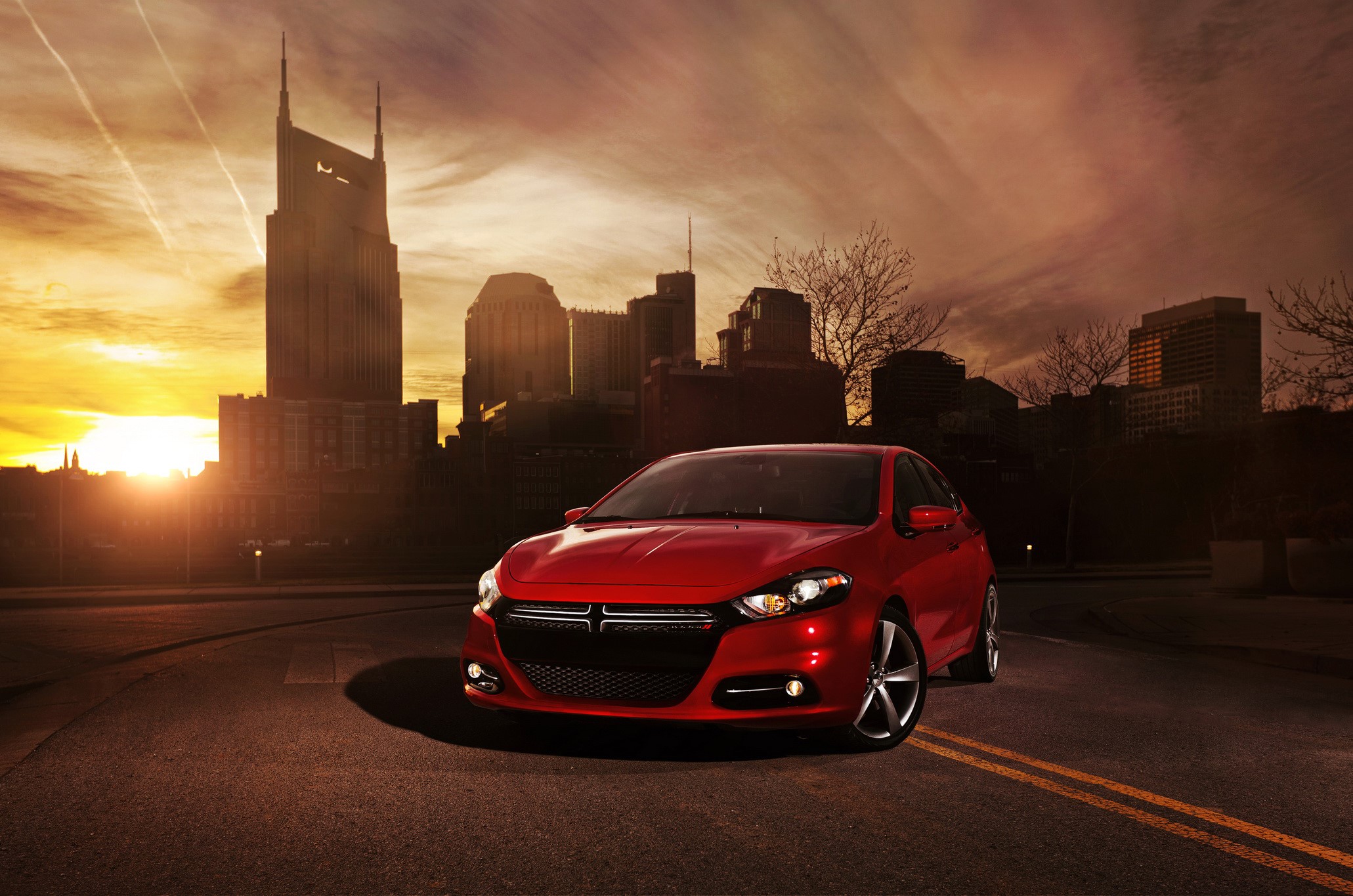 Red Dodge Dart in Nashville at Sunset HD Wallpaper