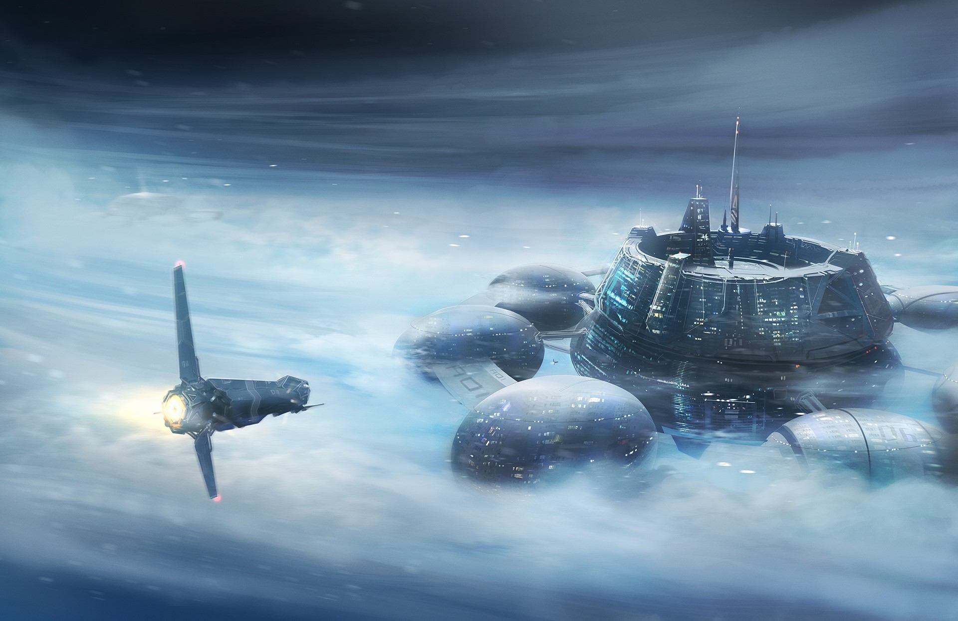 Futuristic city in the clouds with a spaceship HD Wallpaper