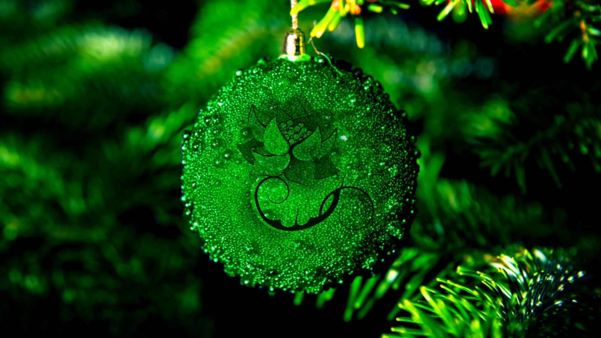 Green Christmas ornament with water droplets and lotus design HD Wallpaper