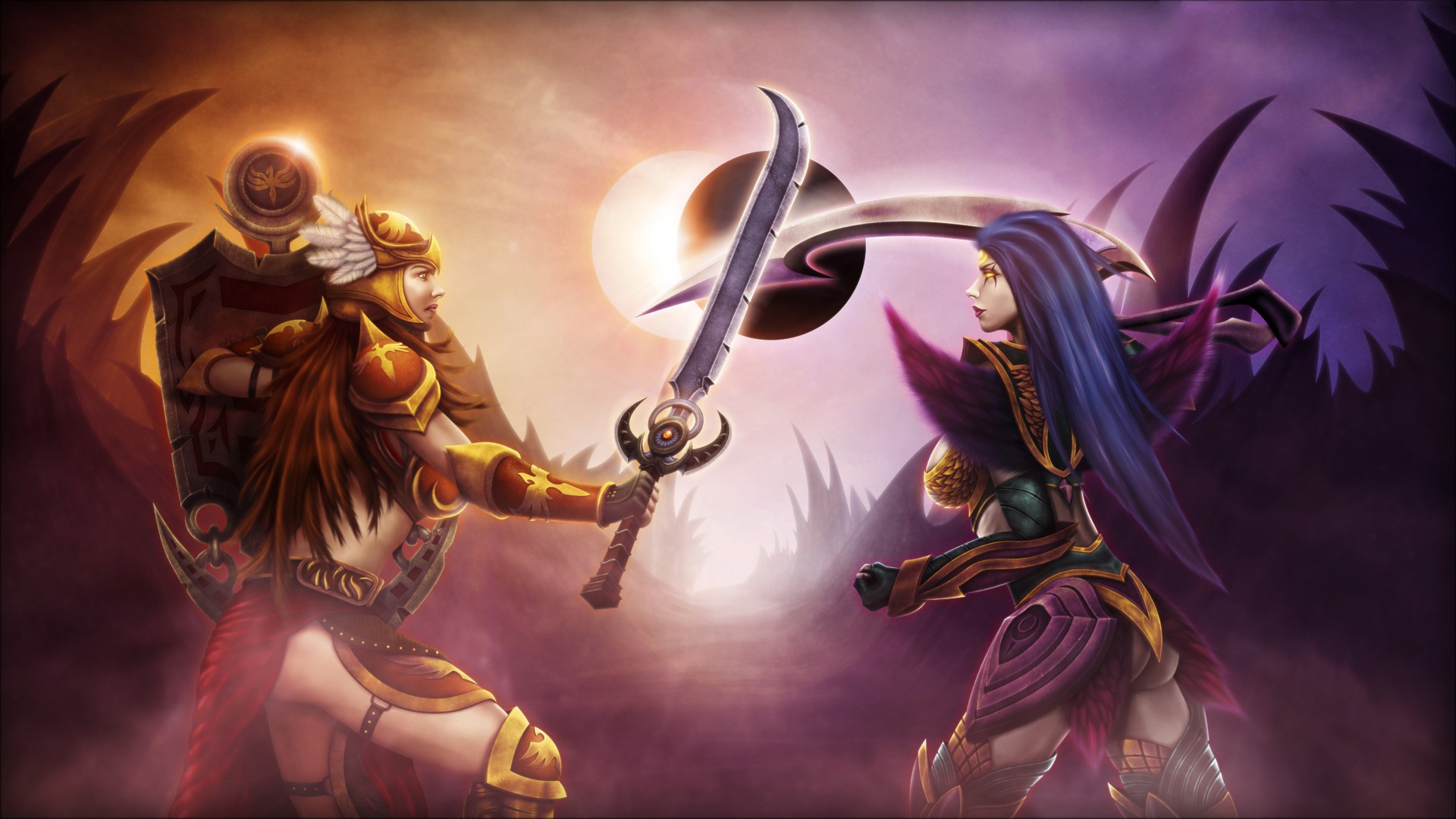 Two female warriors from League of Legends in battle HD Wallpaper