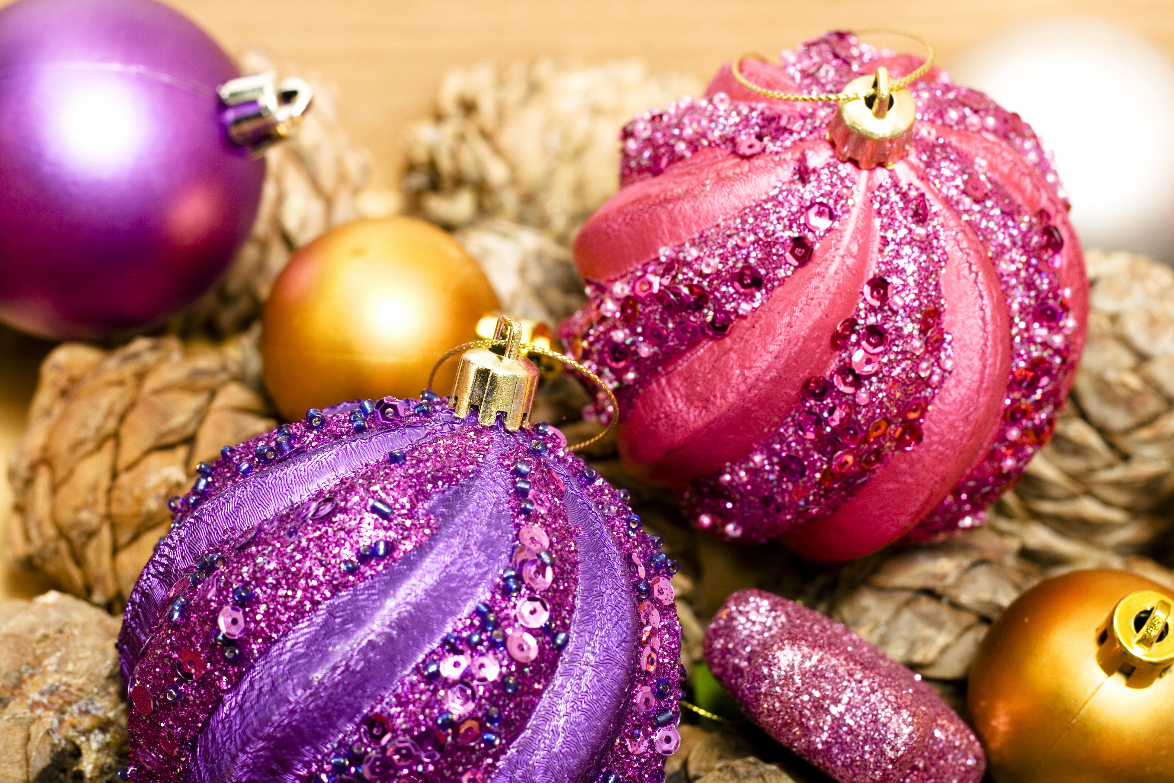 Christmas Ornaments and Pinecones HD Wallpaper