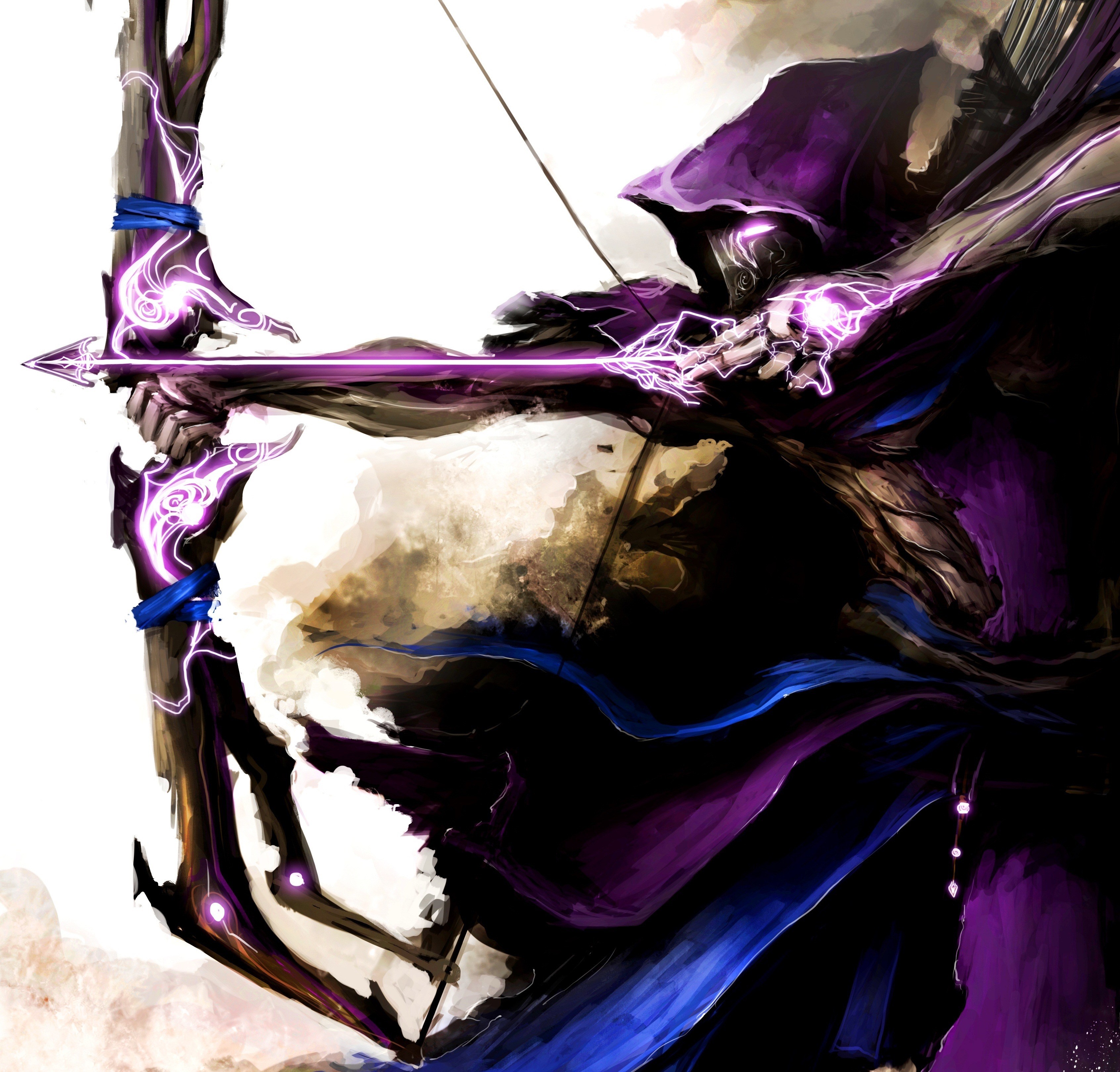 Archer with glowing purple bow and arrow HD Wallpaper