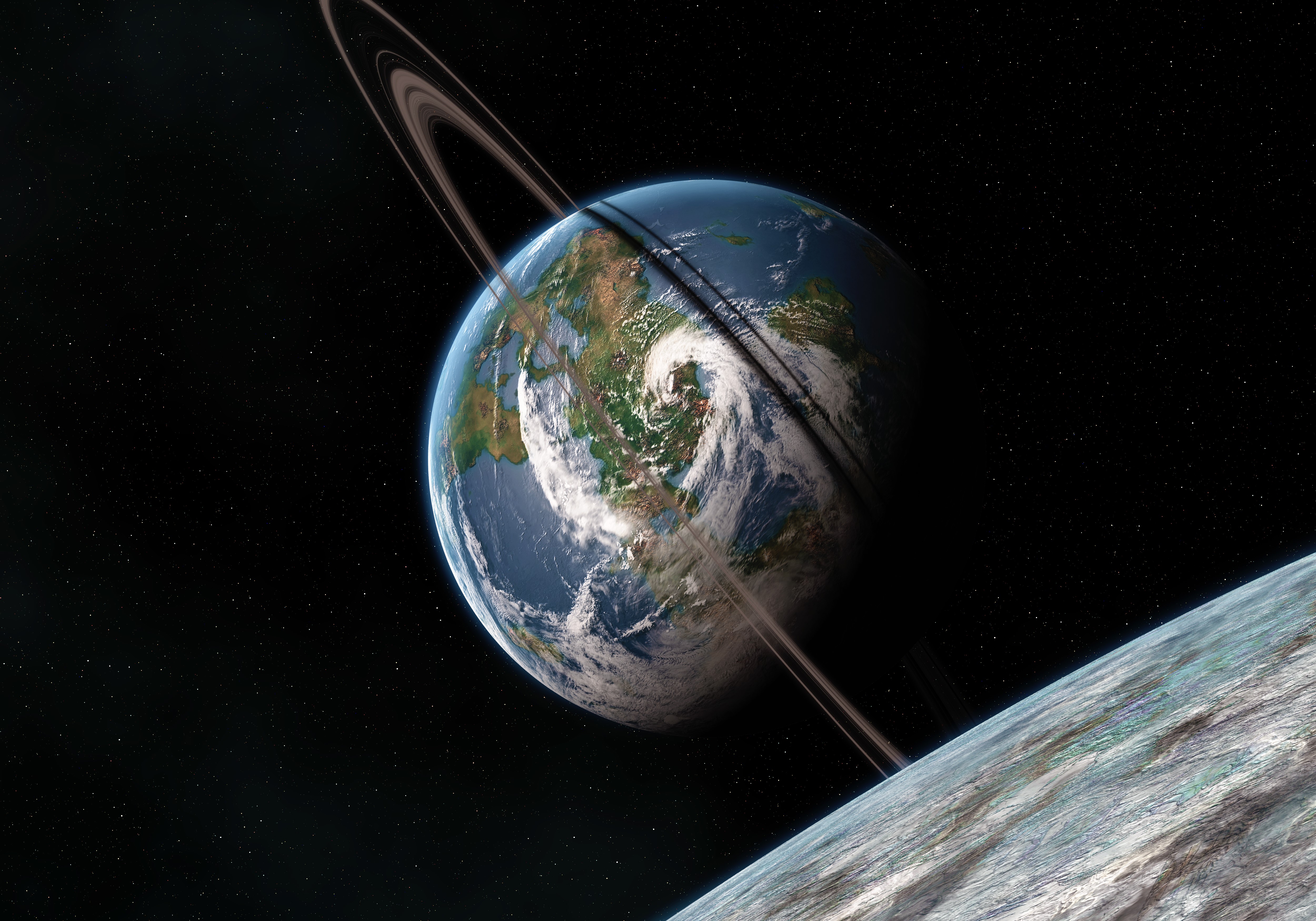 Planet with rings and moon in space HD Wallpaper