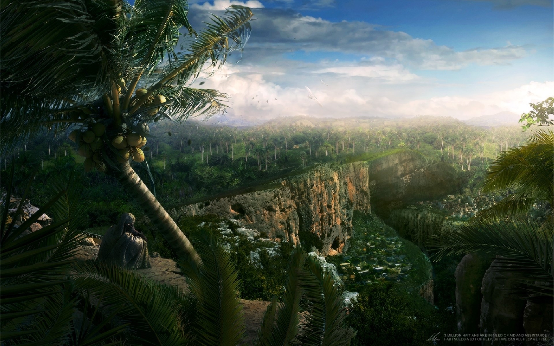 Fantastic world with a cliff and jungle HD Wallpaper