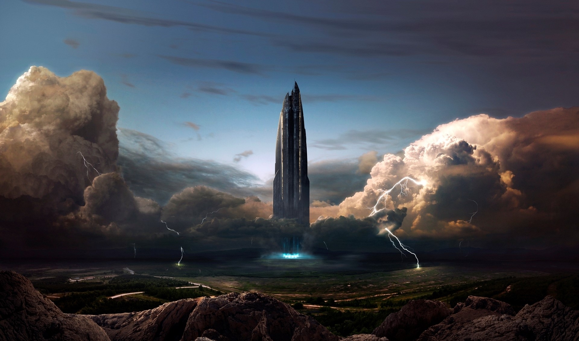 Futuristic tower in a stormy landscape with lightning HD Wallpaper