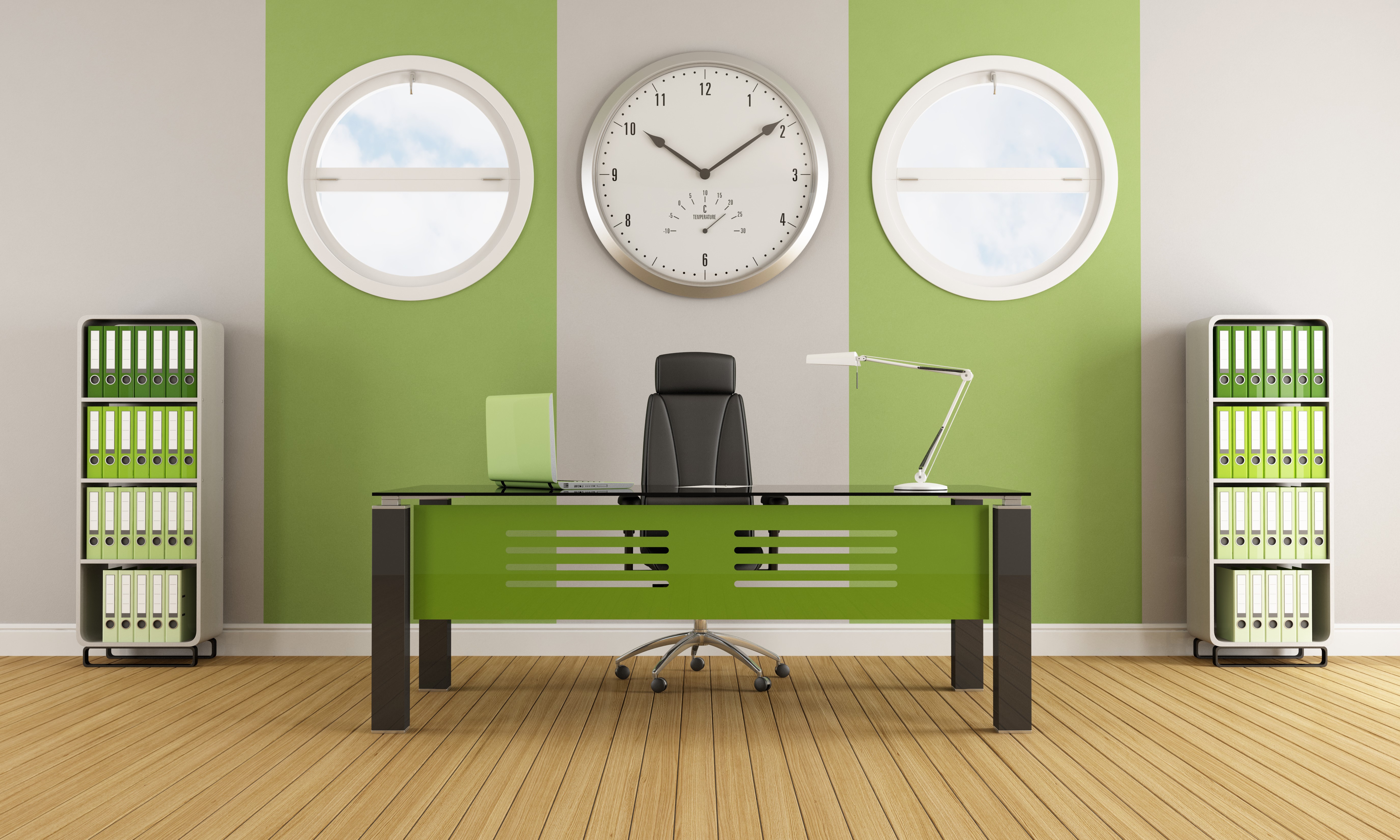 Office with clock, desk, and bookshelves HD Wallpaper