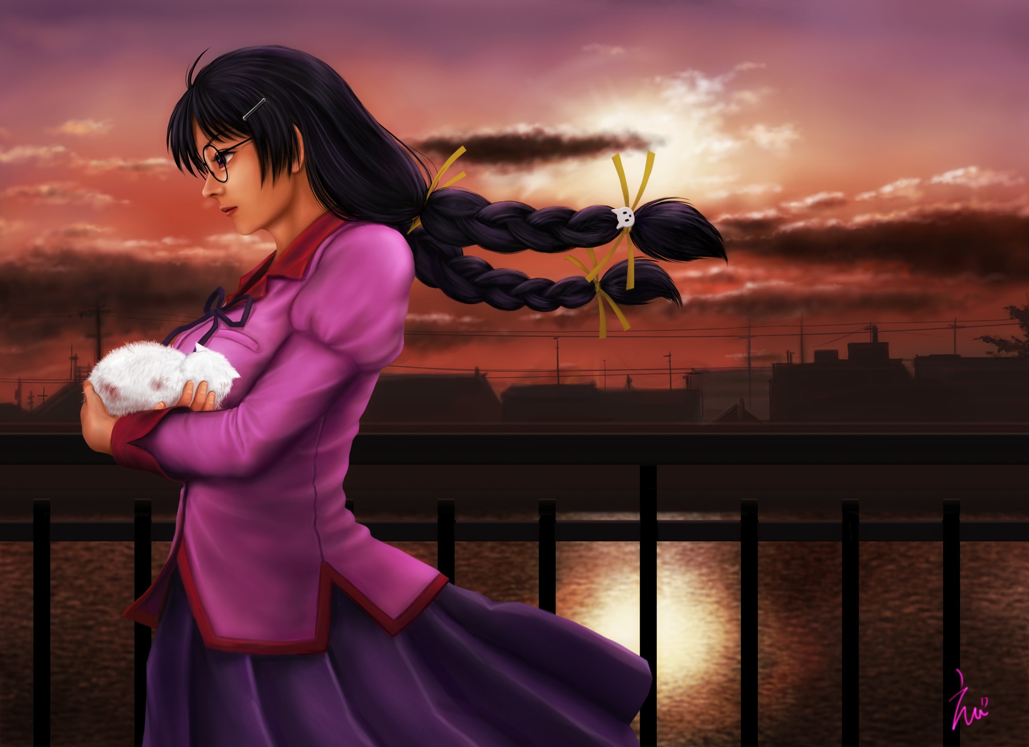 Girl with braids holding a kitten at sunset HD Wallpaper