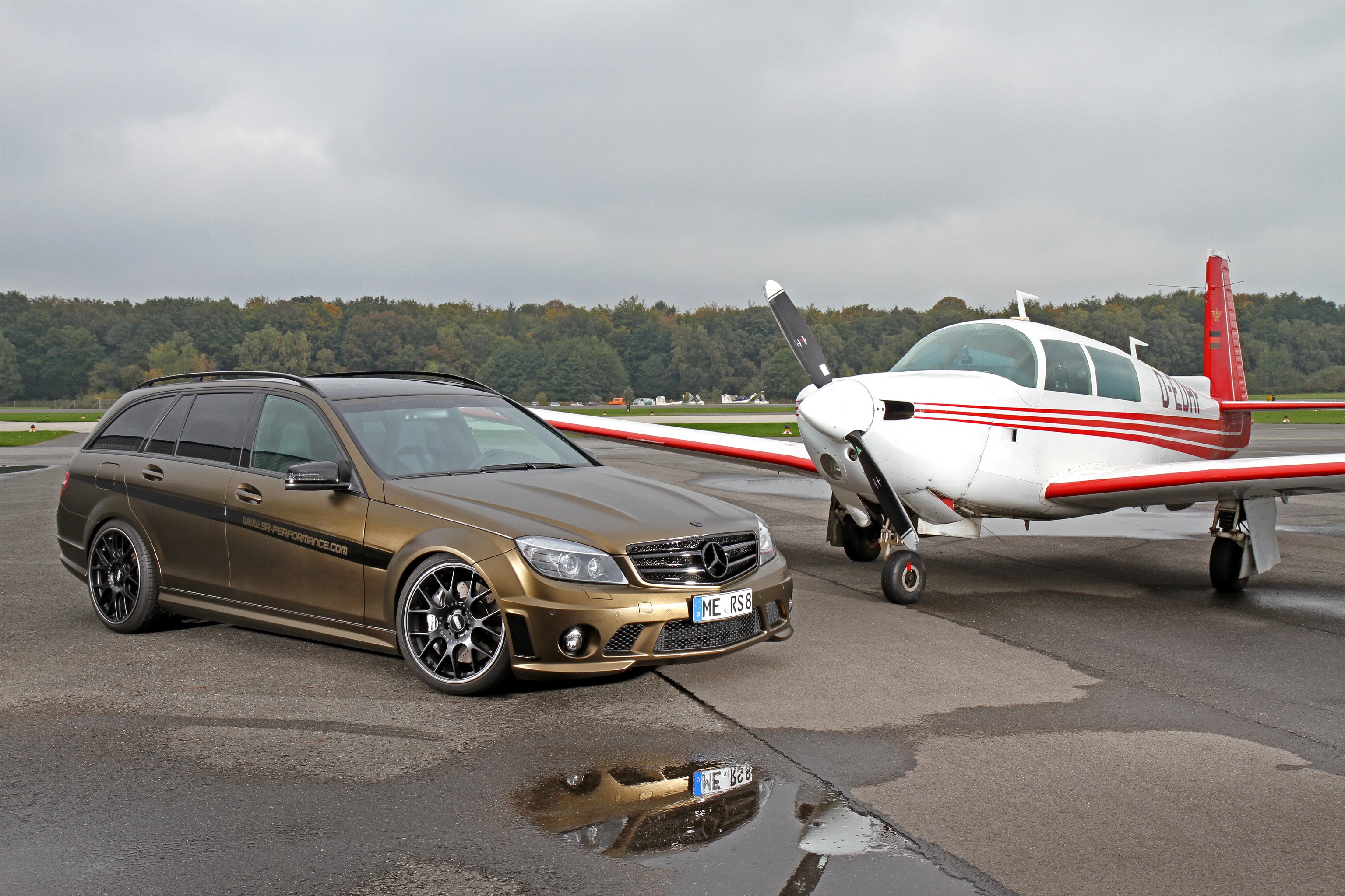 Mercedes-Benz C63 AMG Wagon and Airplane HD Wallpaper