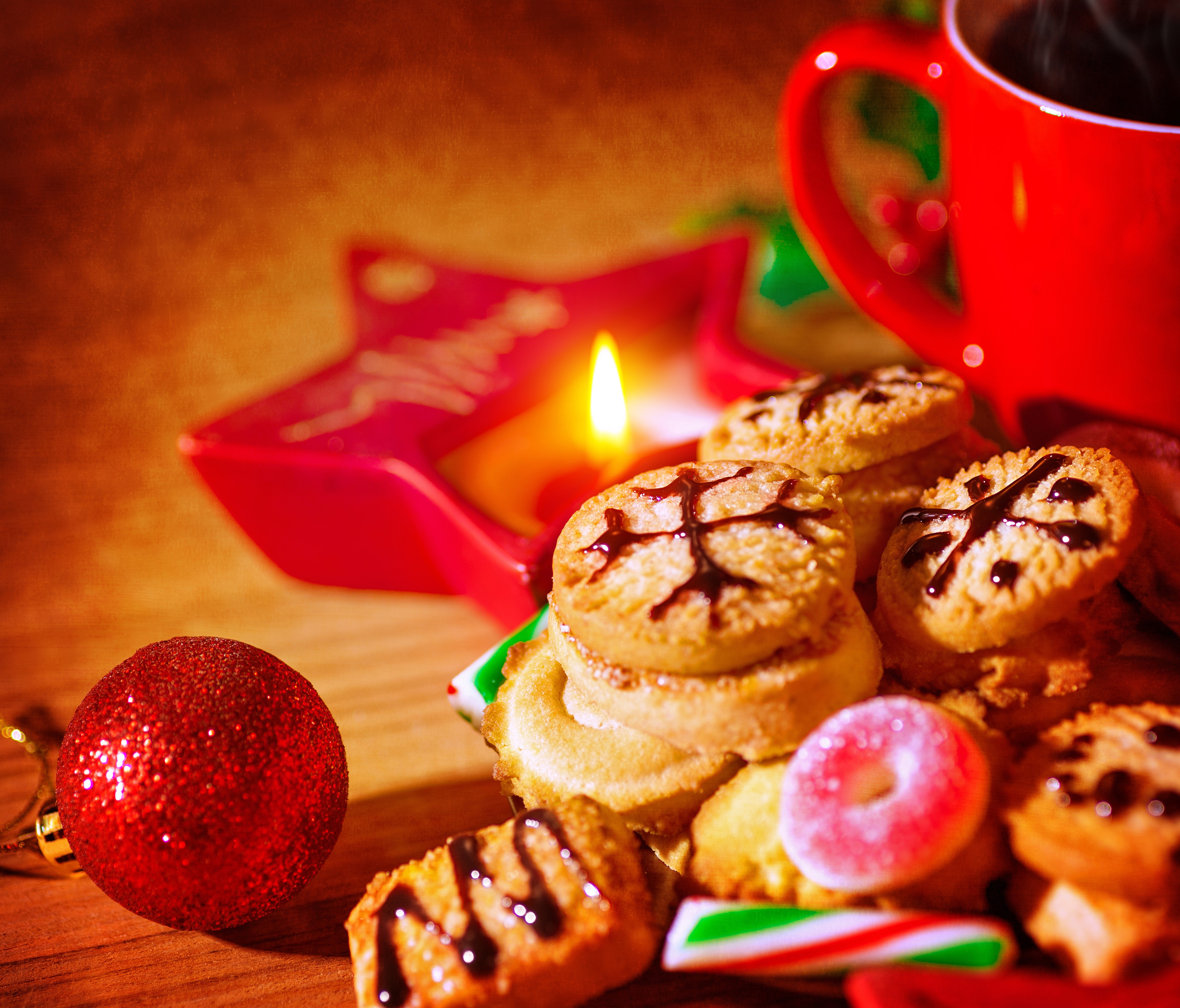 Christmas cookies and coffee with candle HD Wallpaper