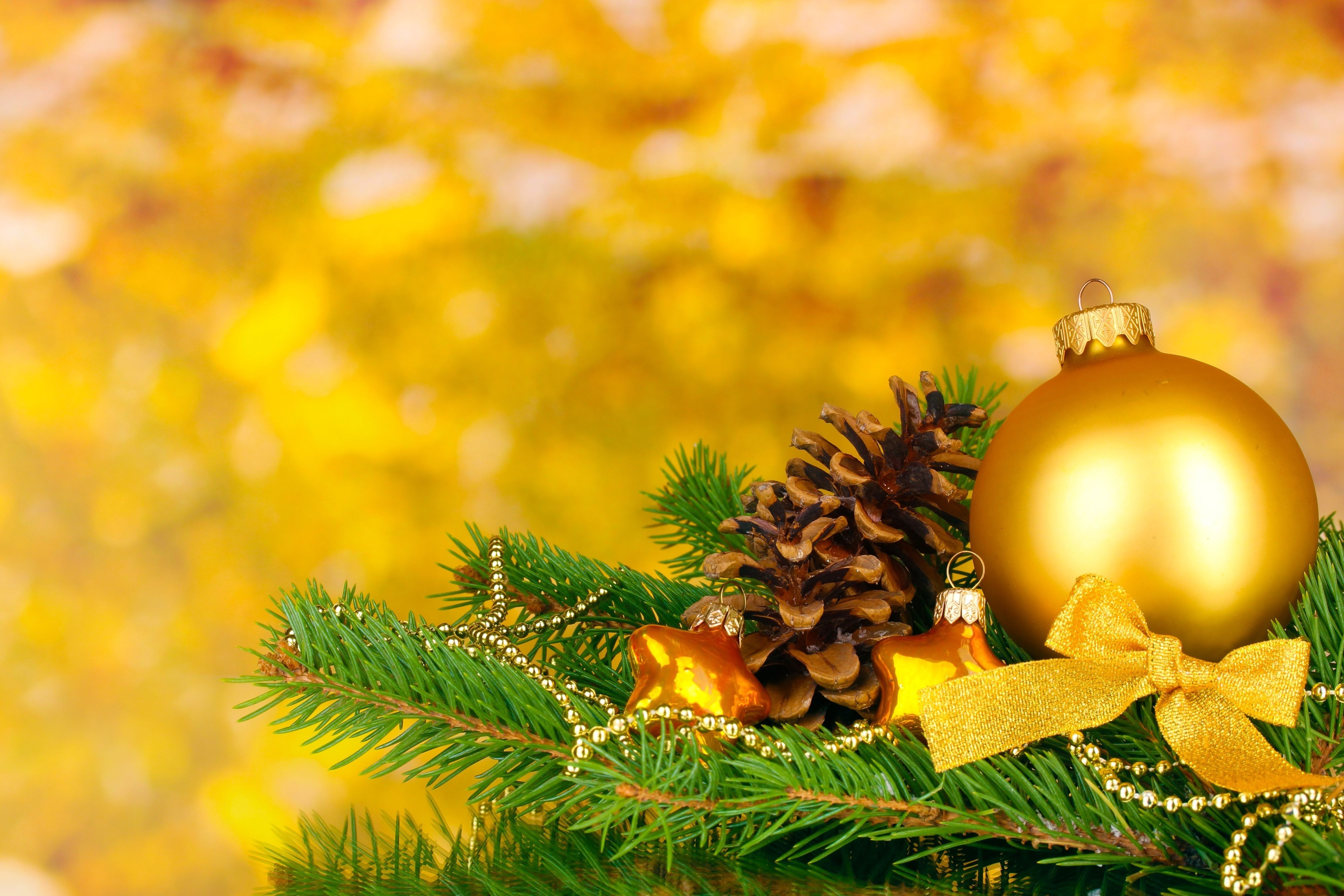 Christmas ornaments with pine cone and fir branch HD Wallpaper