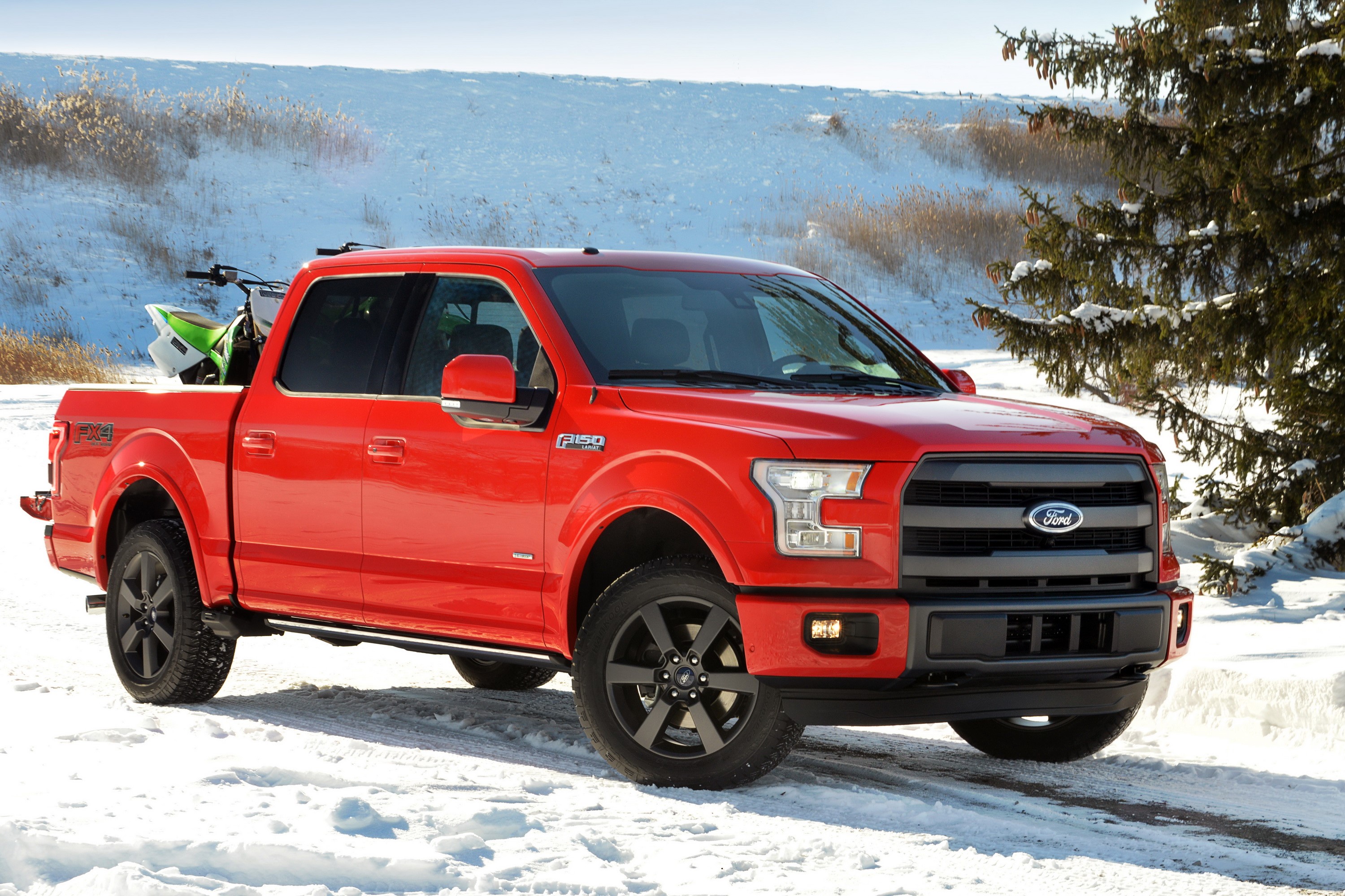 Red Ford F-150 Truck in Snow with Dirt Bike HD Wallpaper