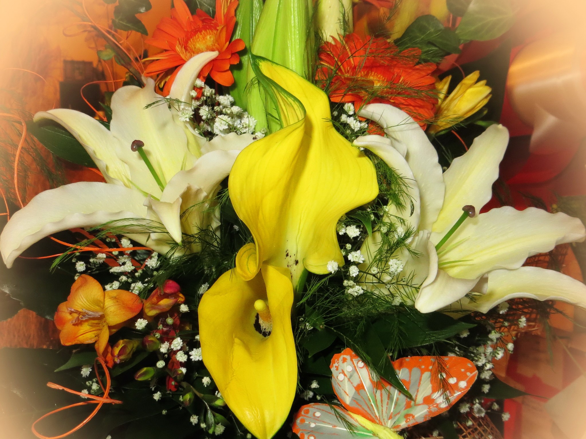 Bouquet of Lilies, Callas, and Gerberas with Butterflies HD Wallpaper