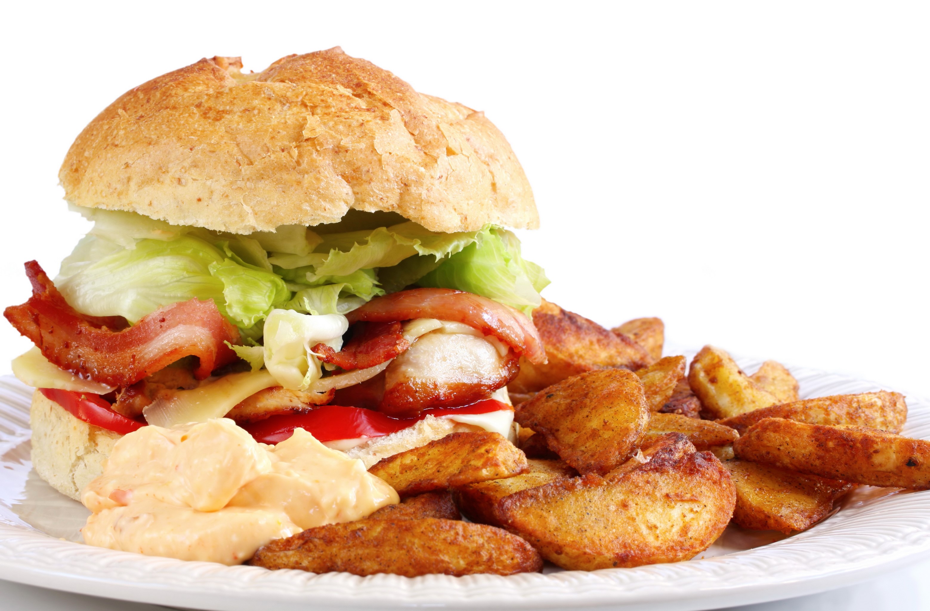 Hamburger with bacon, lettuce, cheese, and fries HD Wallpaper