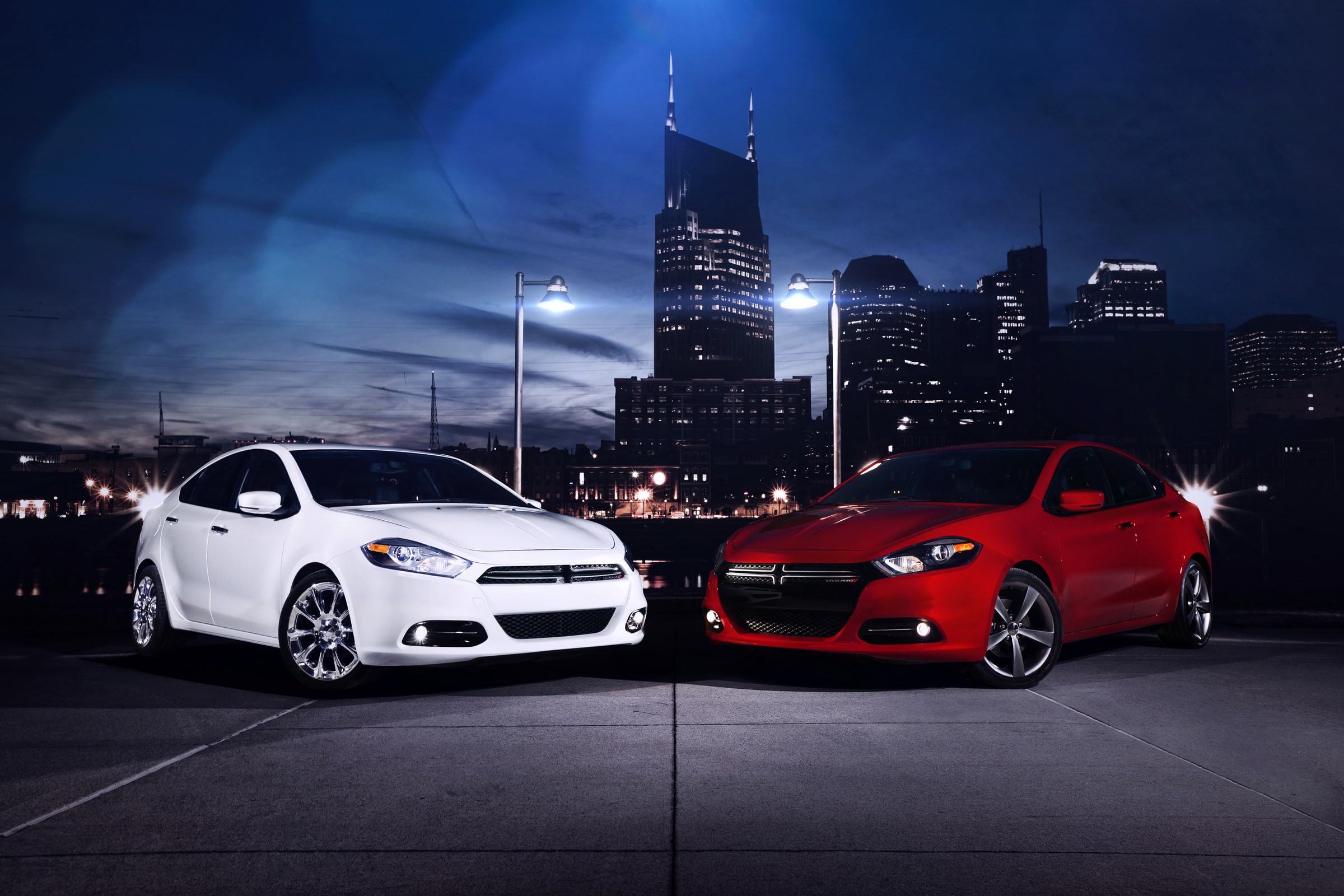 Red and White Dodge Darts at Night in City HD Wallpaper